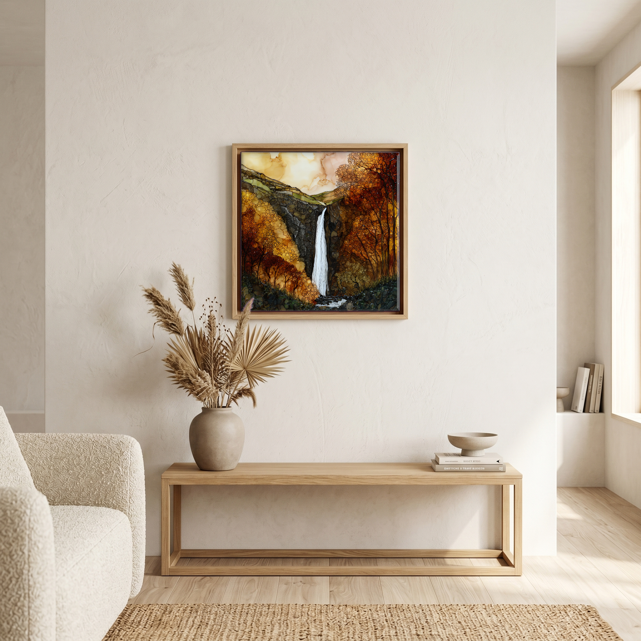 Above the bench, in a warm oak surround.