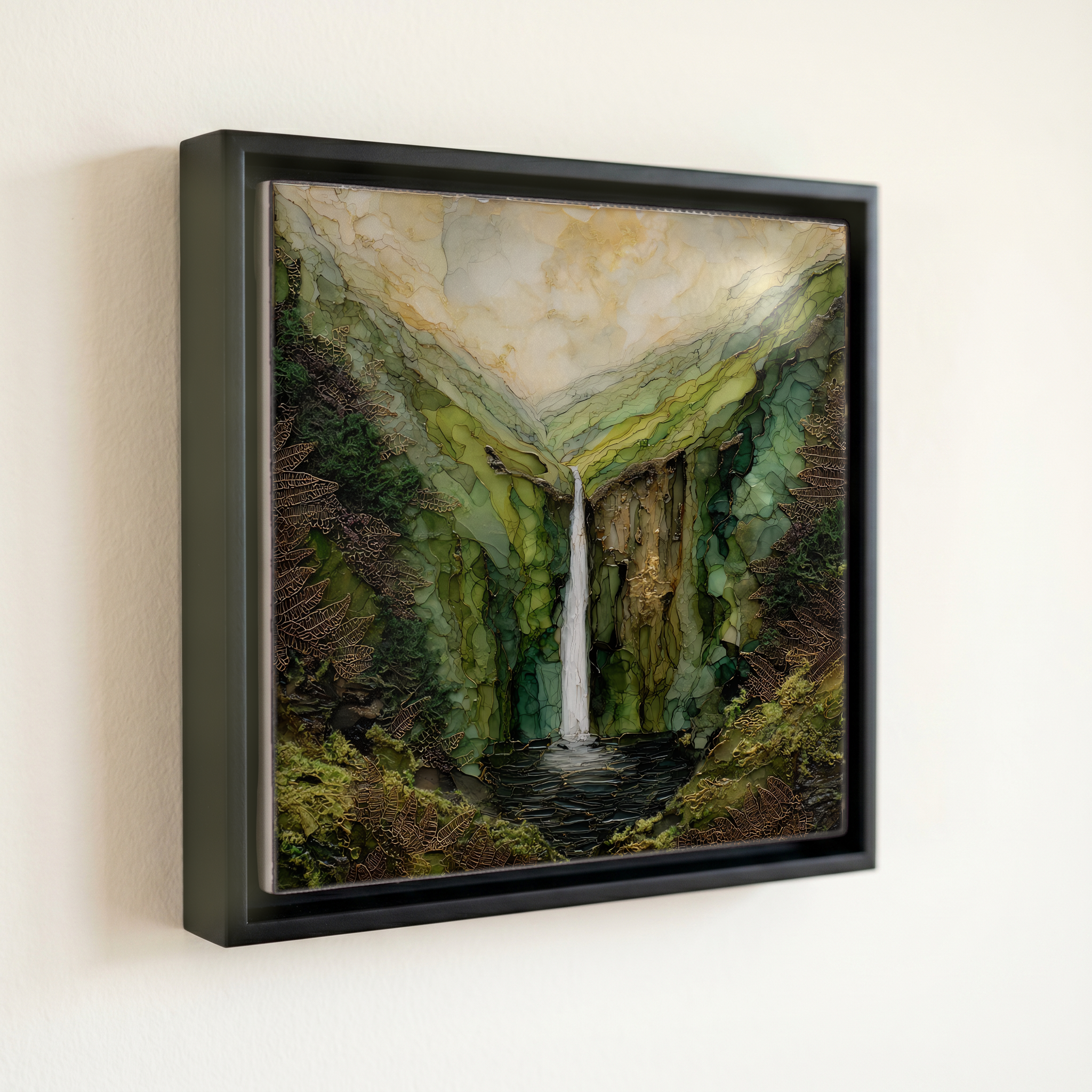 shown in a slim black floating frame · 6 × 6 in