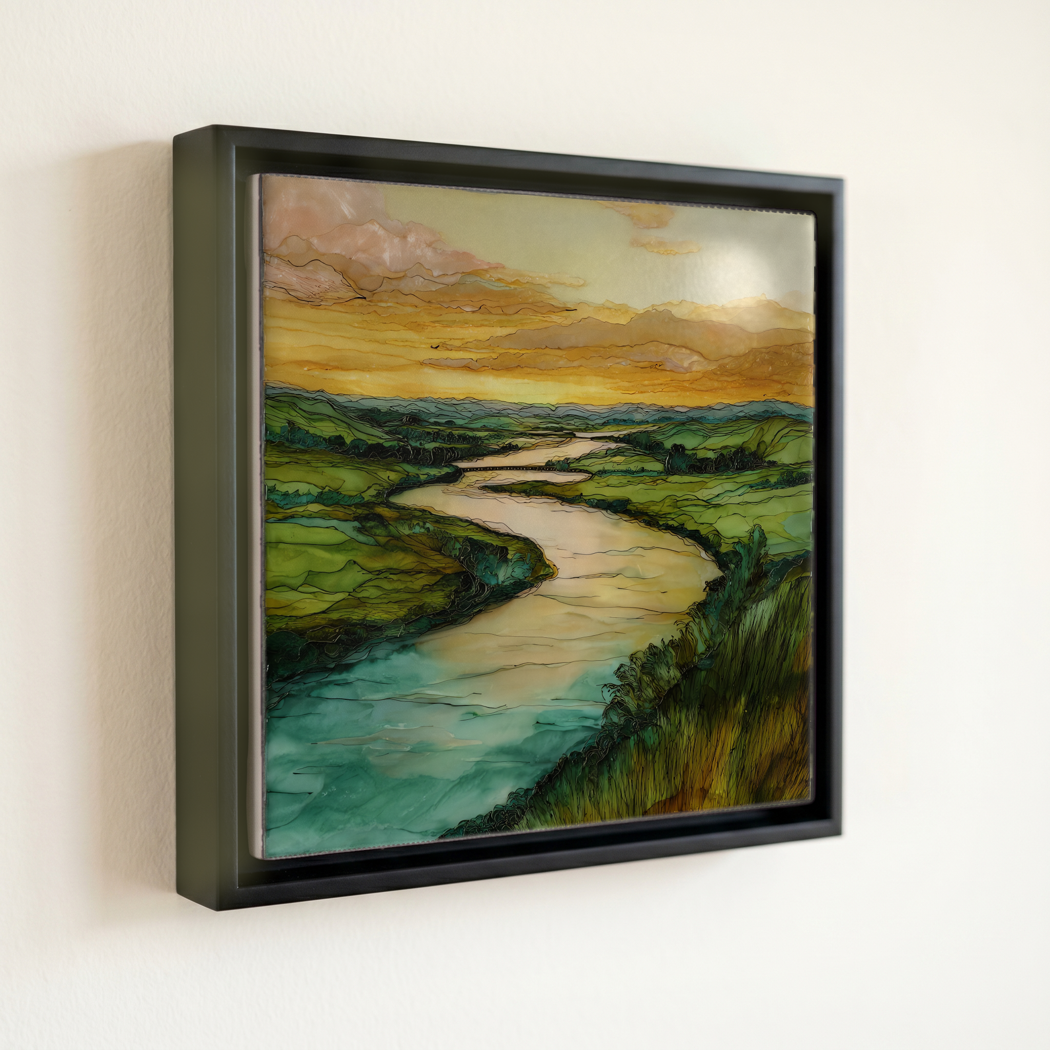 shown in a slim black floating frame · 6 × 6 in
