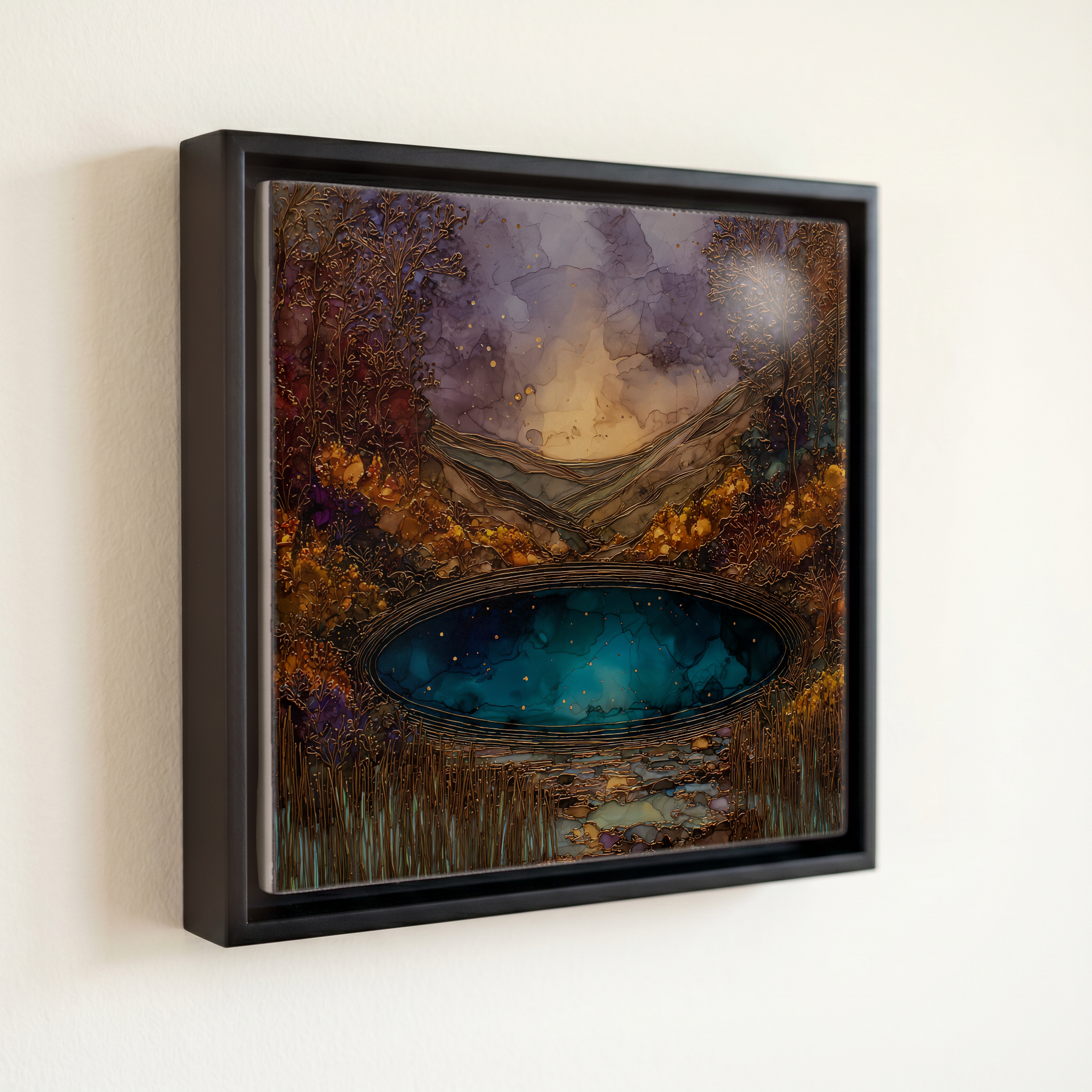 shown in a slim black floating frame · 6 × 6 in