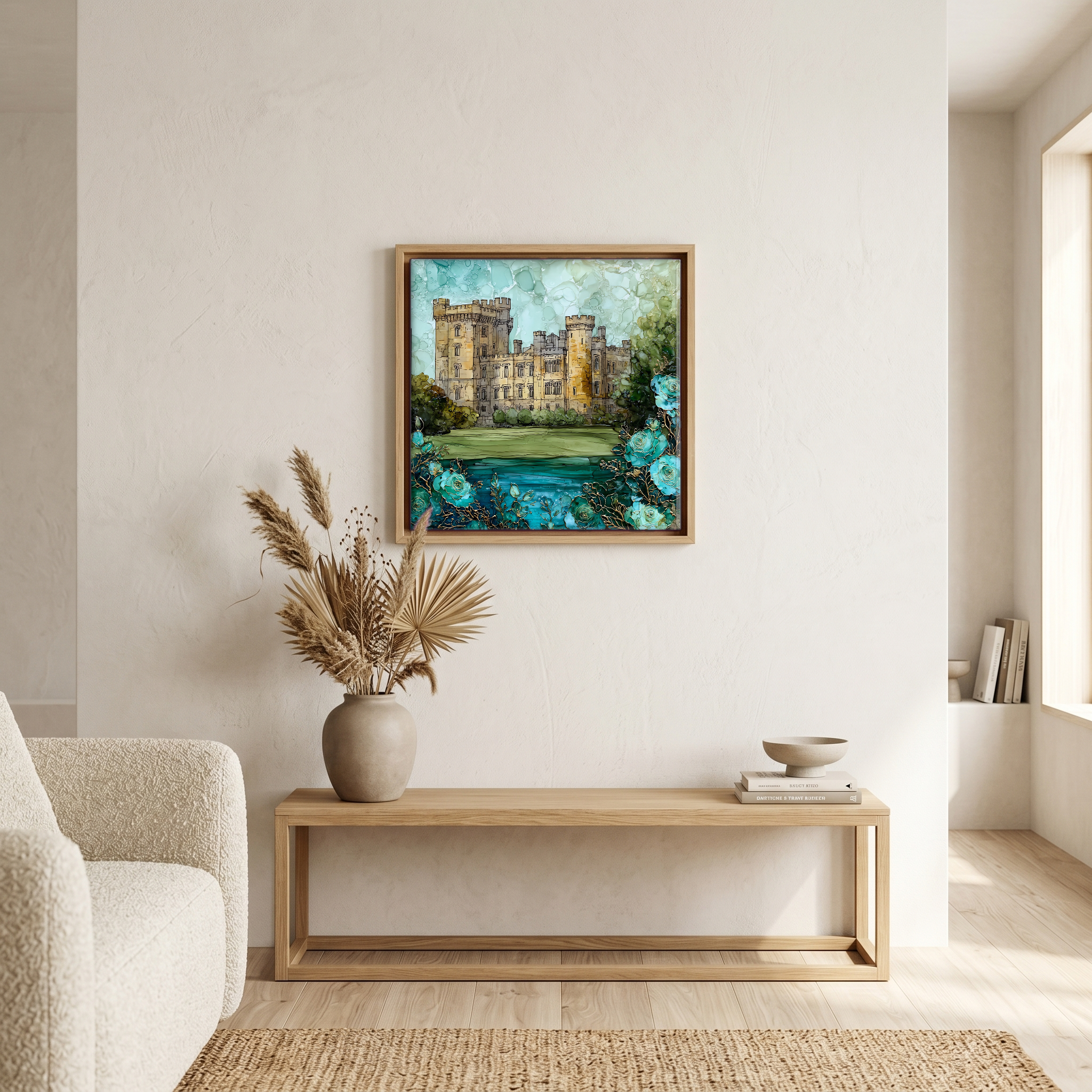 Above the bench, in a warm oak surround.