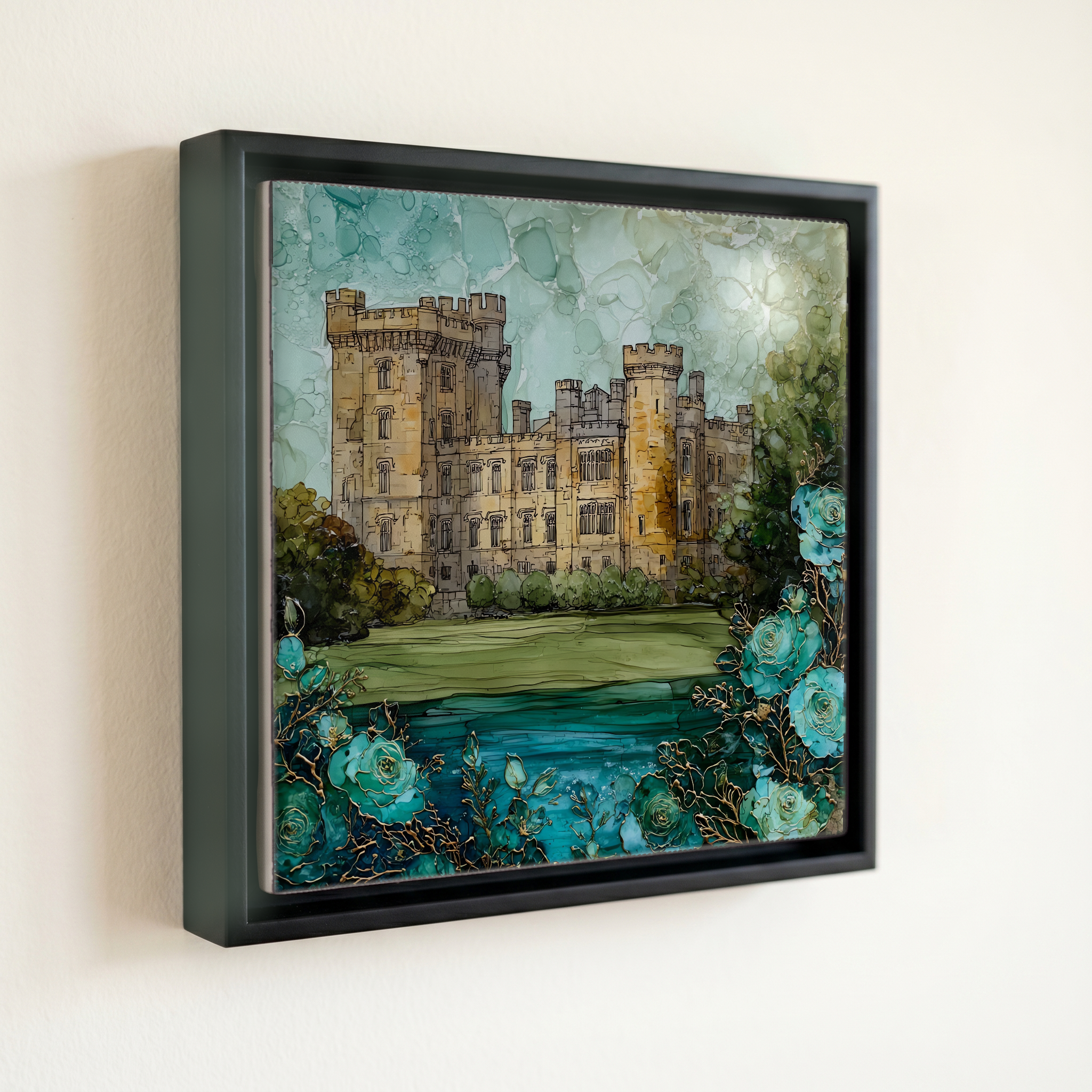 shown in a slim black floating frame · 6 × 6 in