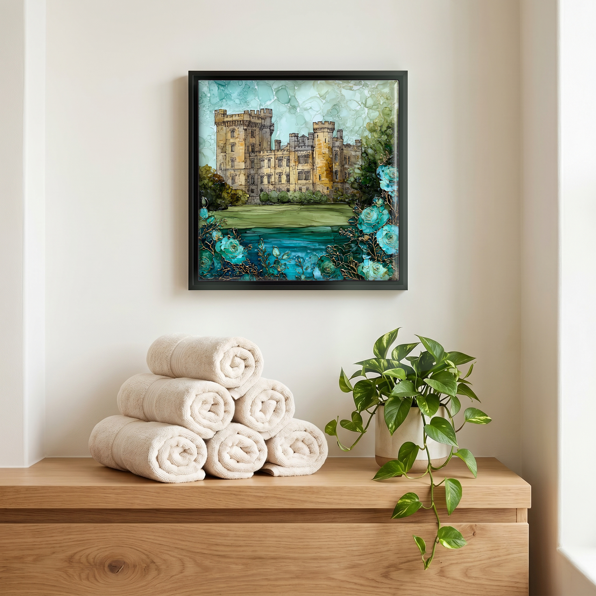 Above the linens, in a slim black surround.