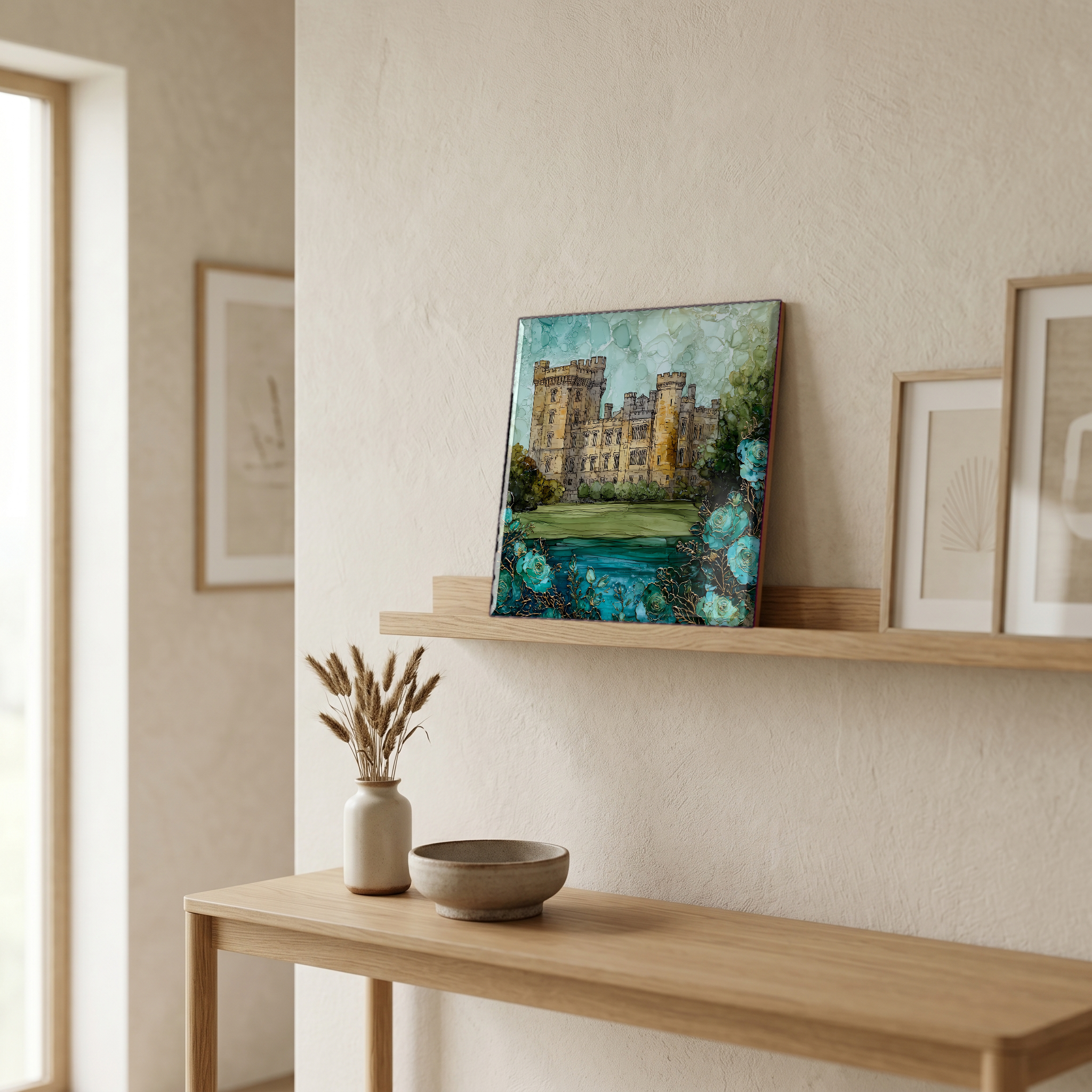 On a picture ledge, where the light comes in.