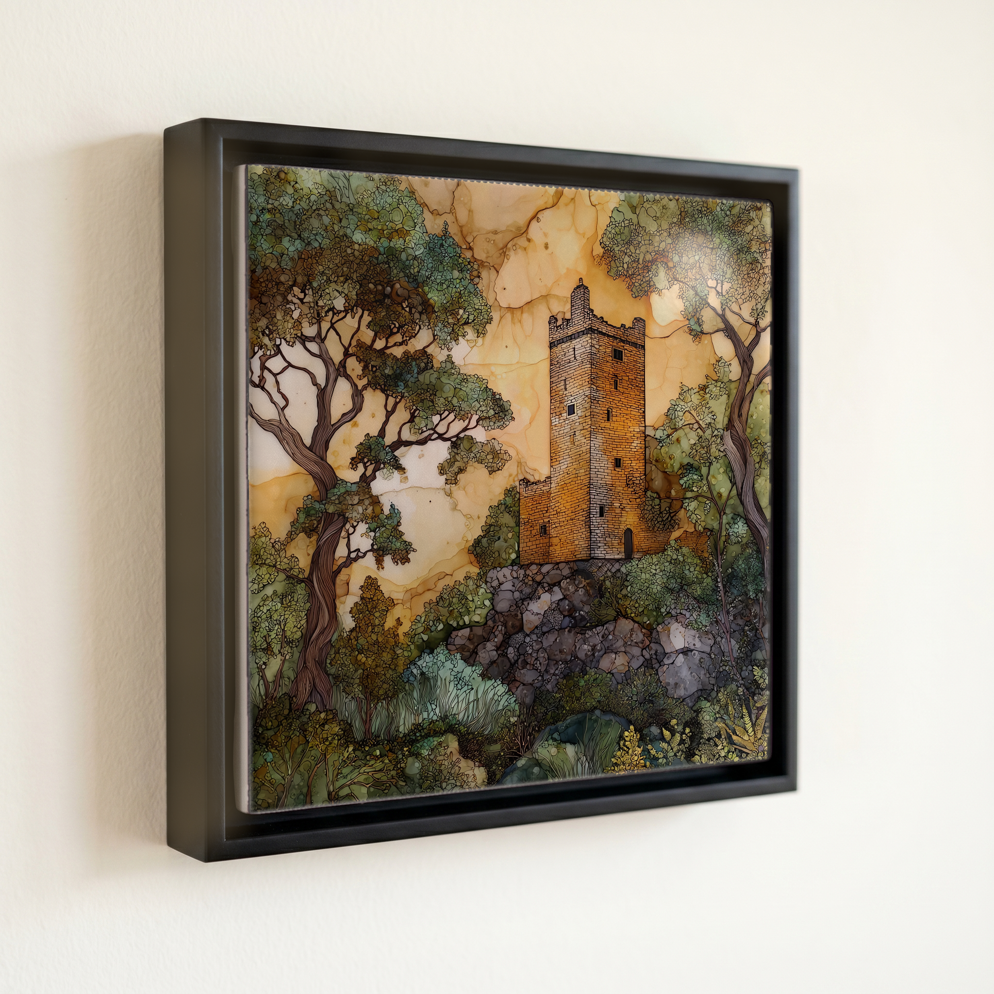 shown in a slim black floating frame · 6 × 6 in