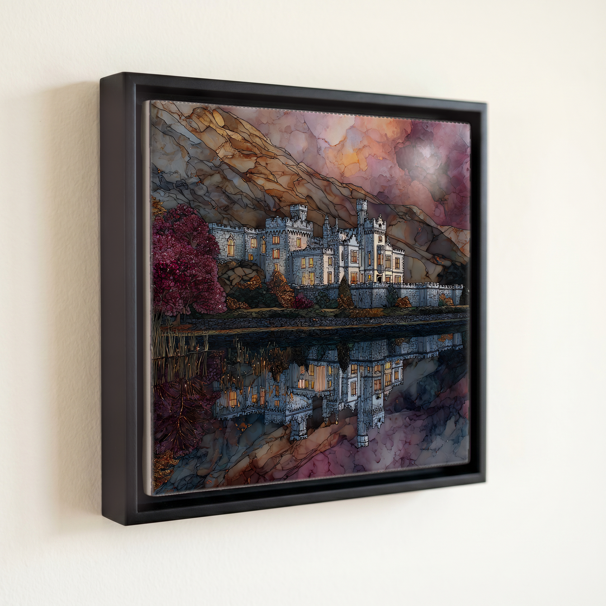 shown in a slim black floating frame · 6 × 6 in