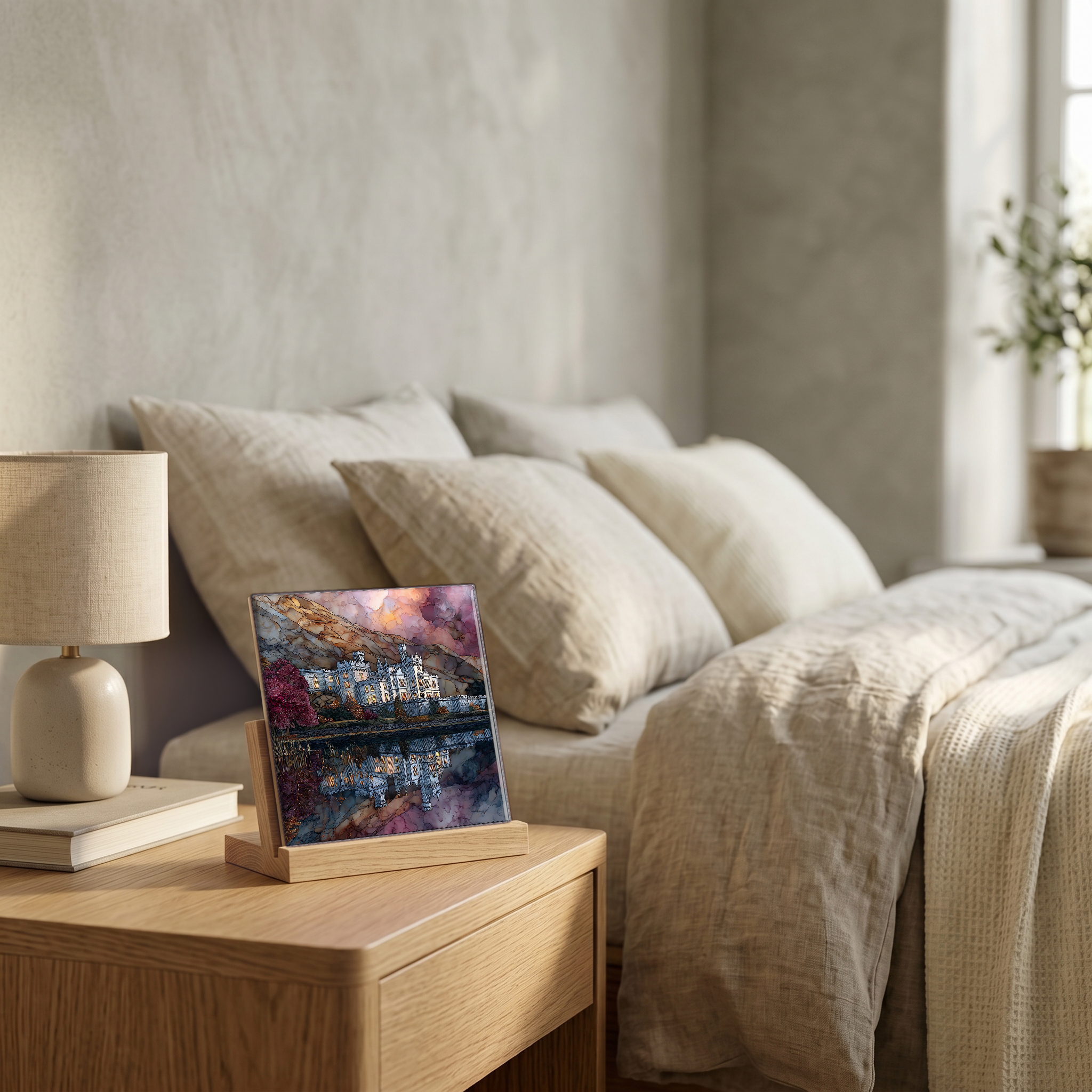 On the nightstand, on a light oak stand.