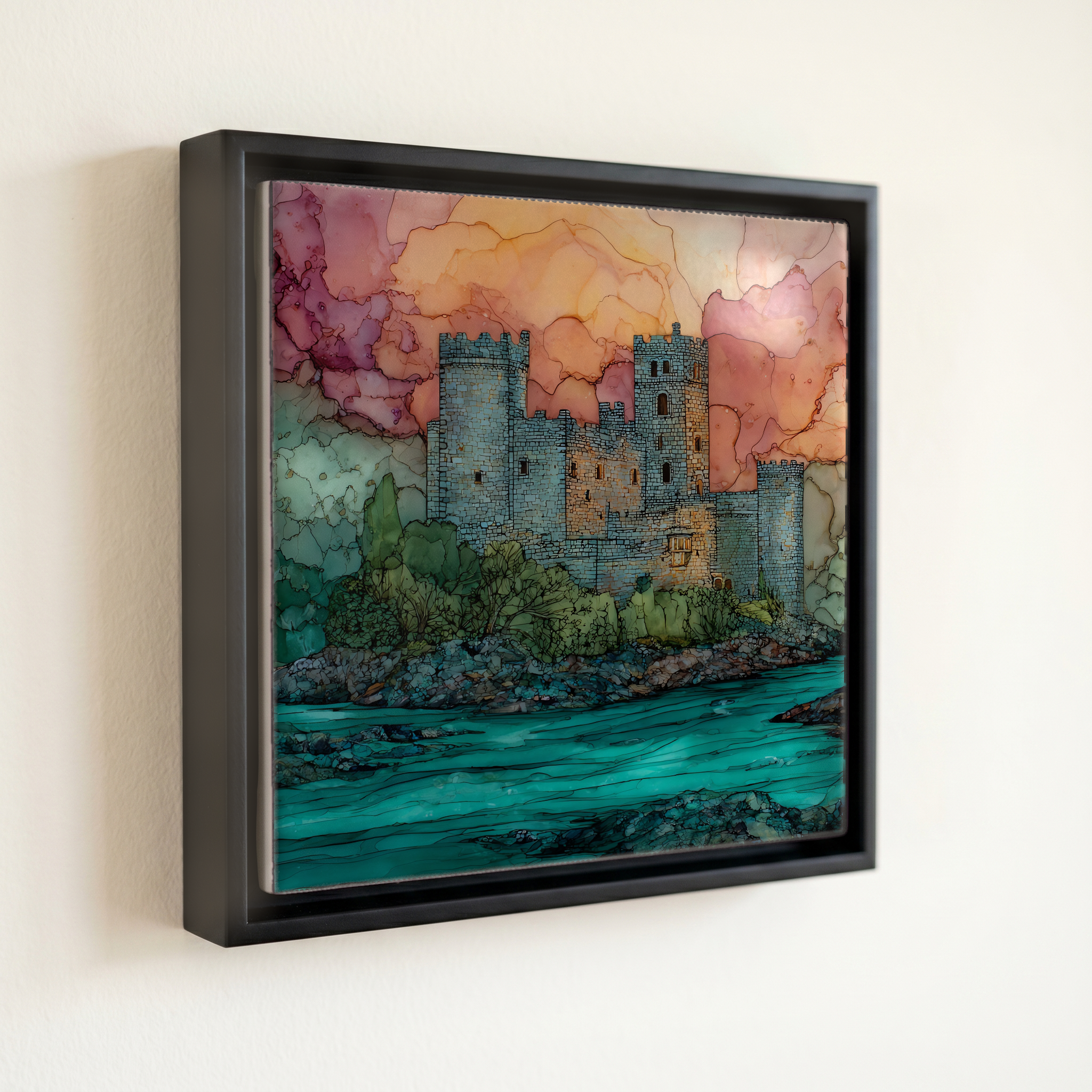 shown in a slim black floating frame · 6 × 6 in