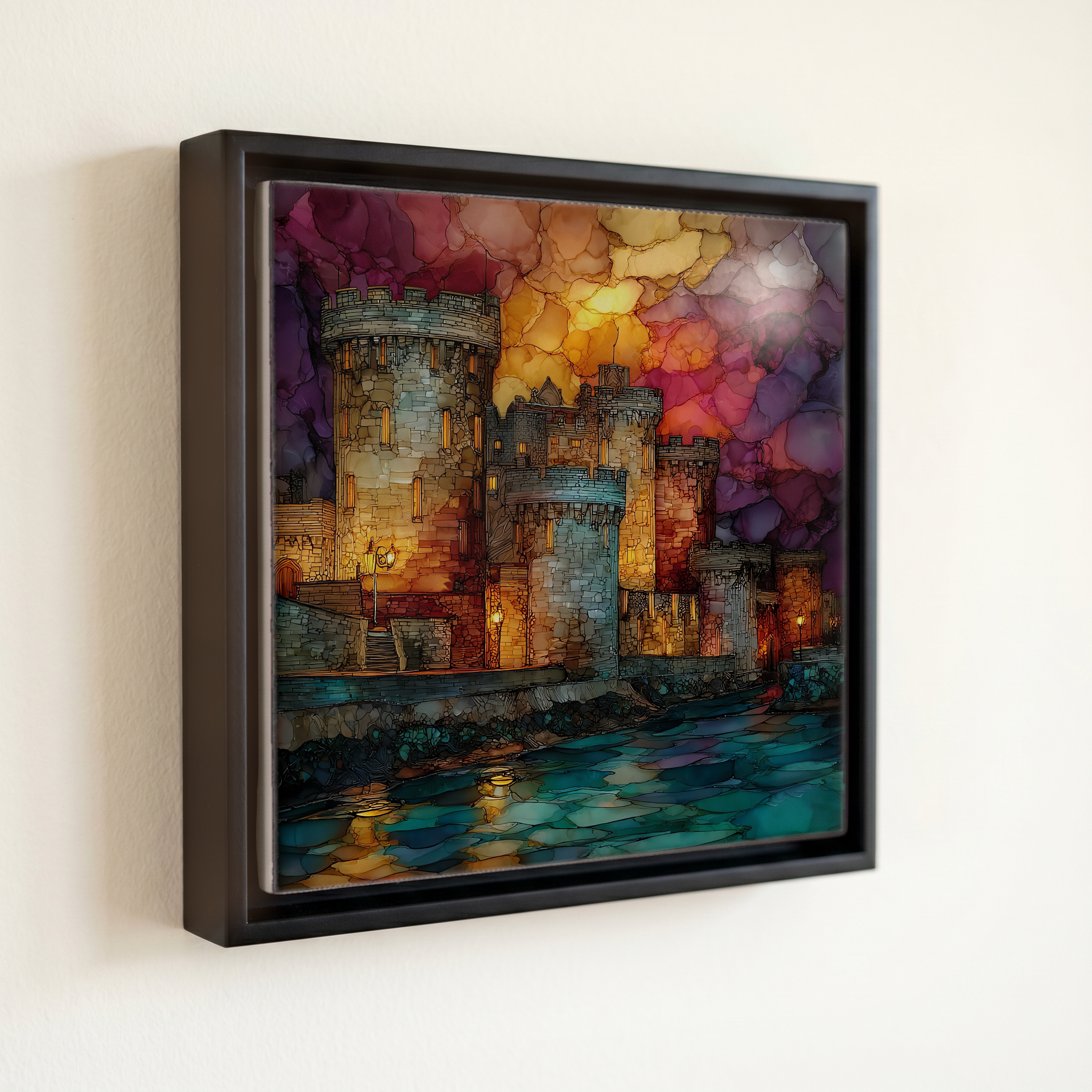 shown in a slim black floating frame · 6 × 6 in