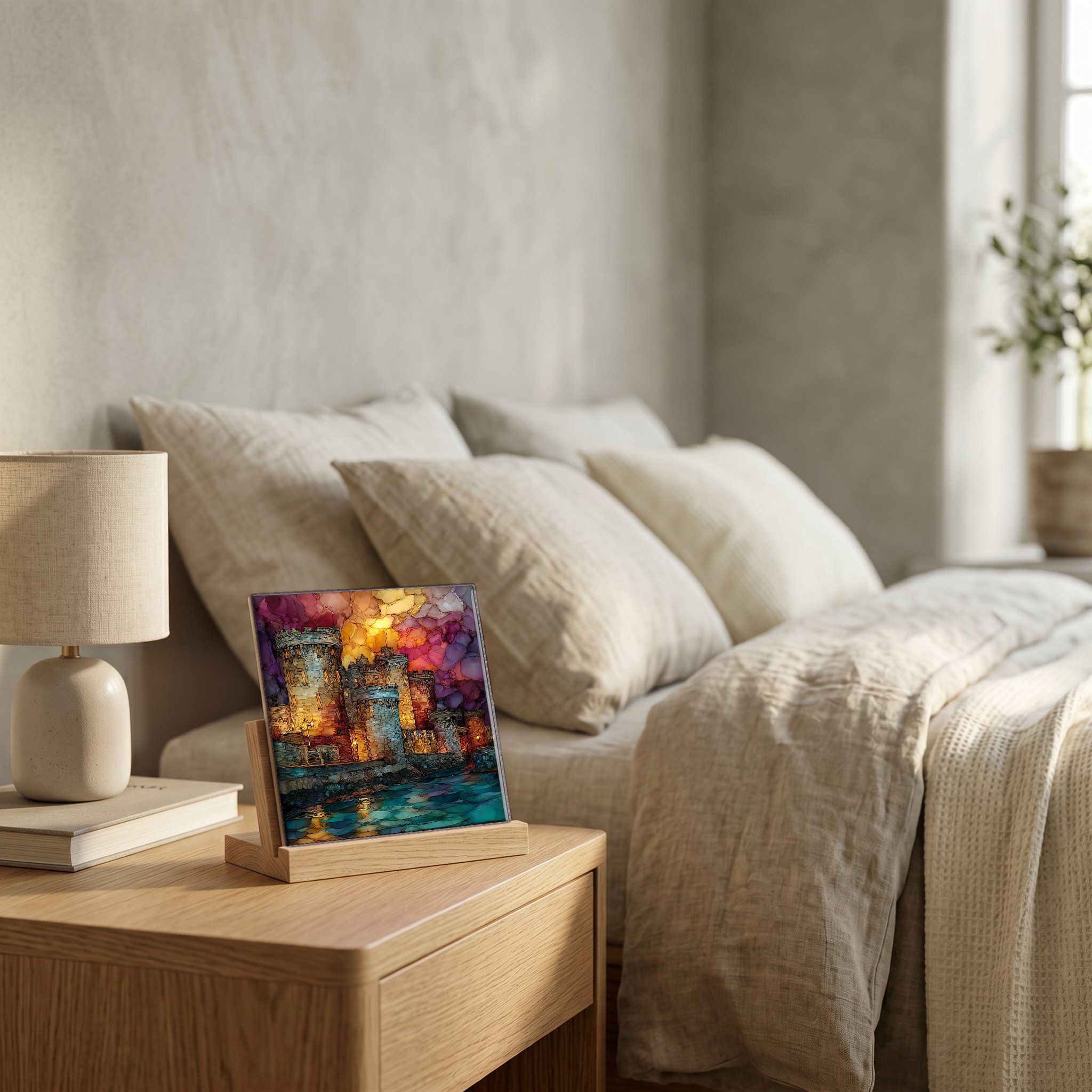 On the nightstand, on a light oak stand.