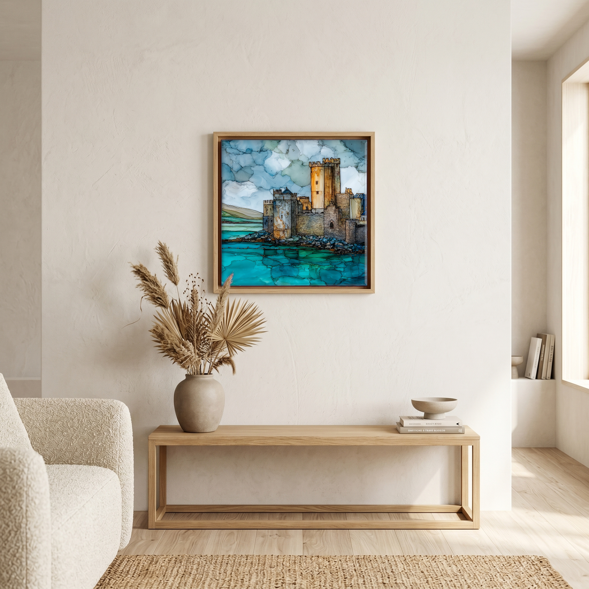 Above the bench, in a warm oak surround.