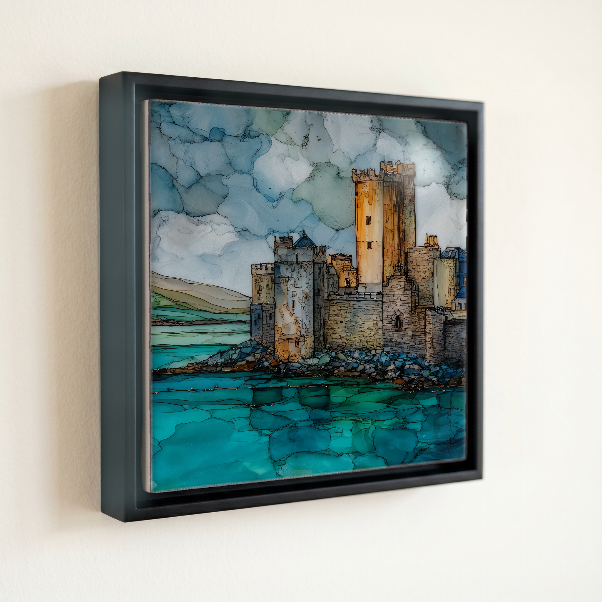 shown in a slim black floating frame · 6 × 6 in