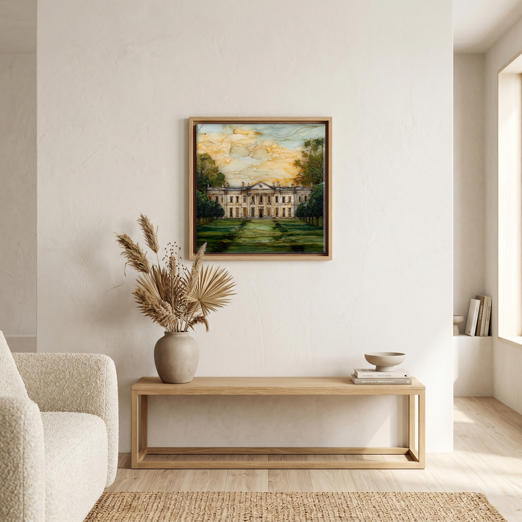 Above the bench, in a warm oak surround.