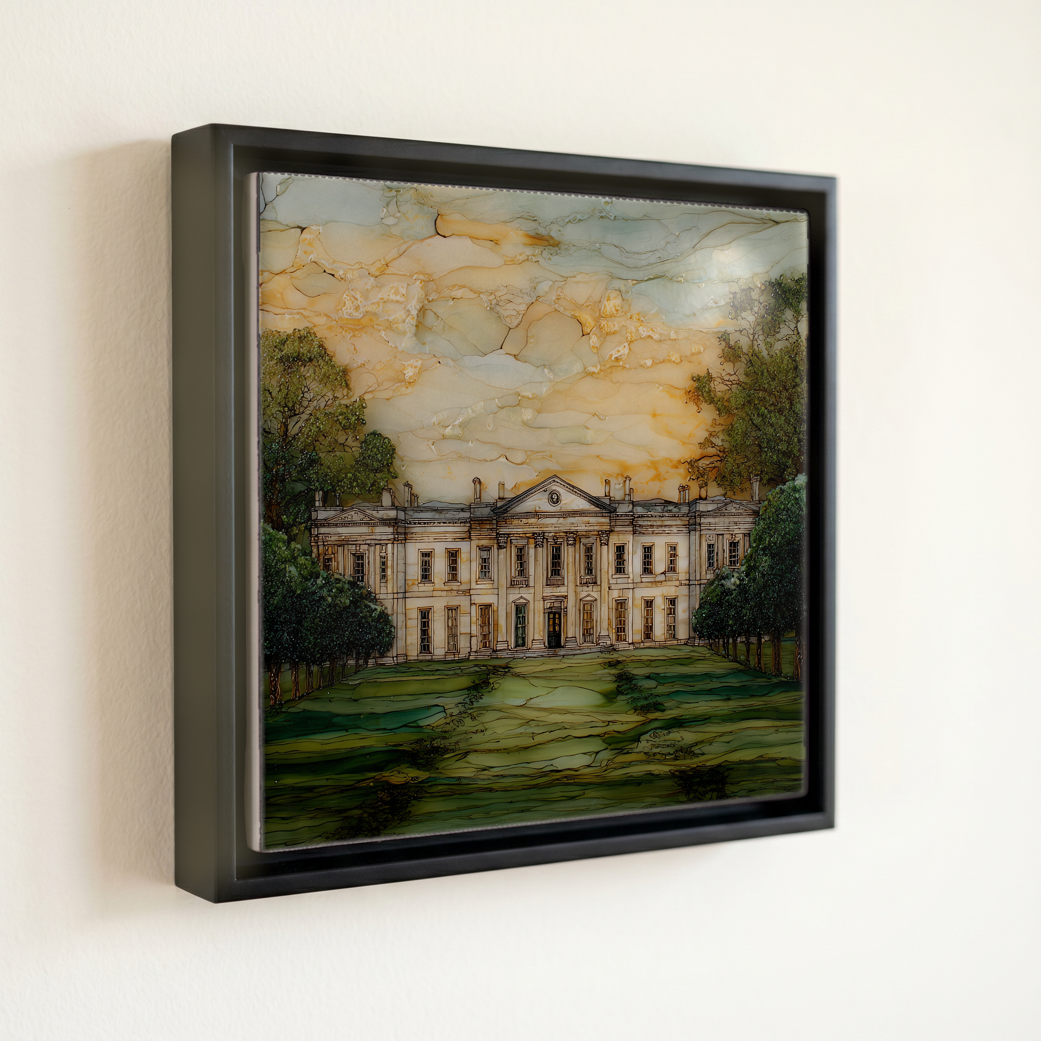 shown in a slim black floating frame · 6 × 6 in