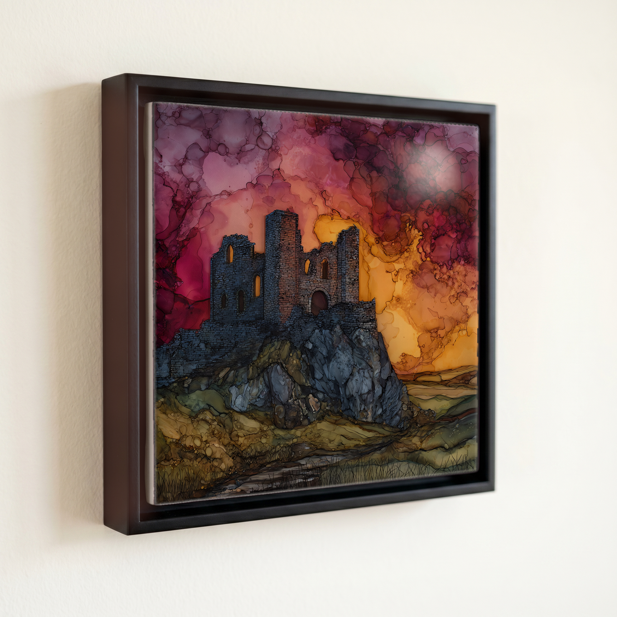 shown in a slim black floating frame · 6 × 6 in