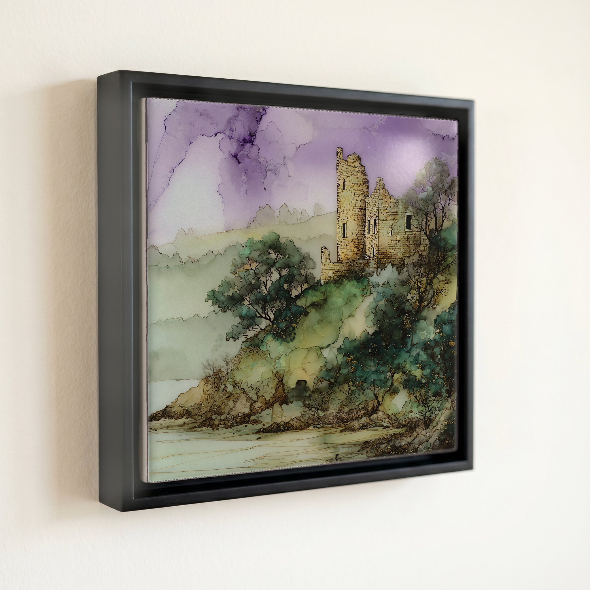 shown in a slim black floating frame · 6 × 6 in