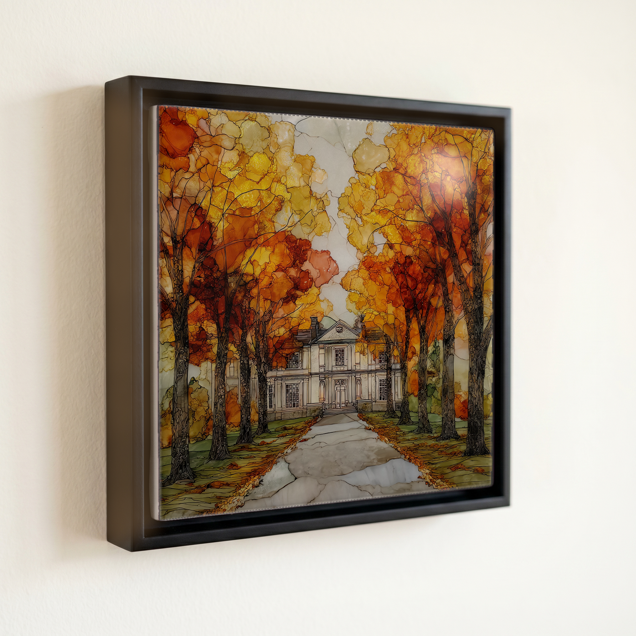 shown in a slim black floating frame · 6 × 6 in