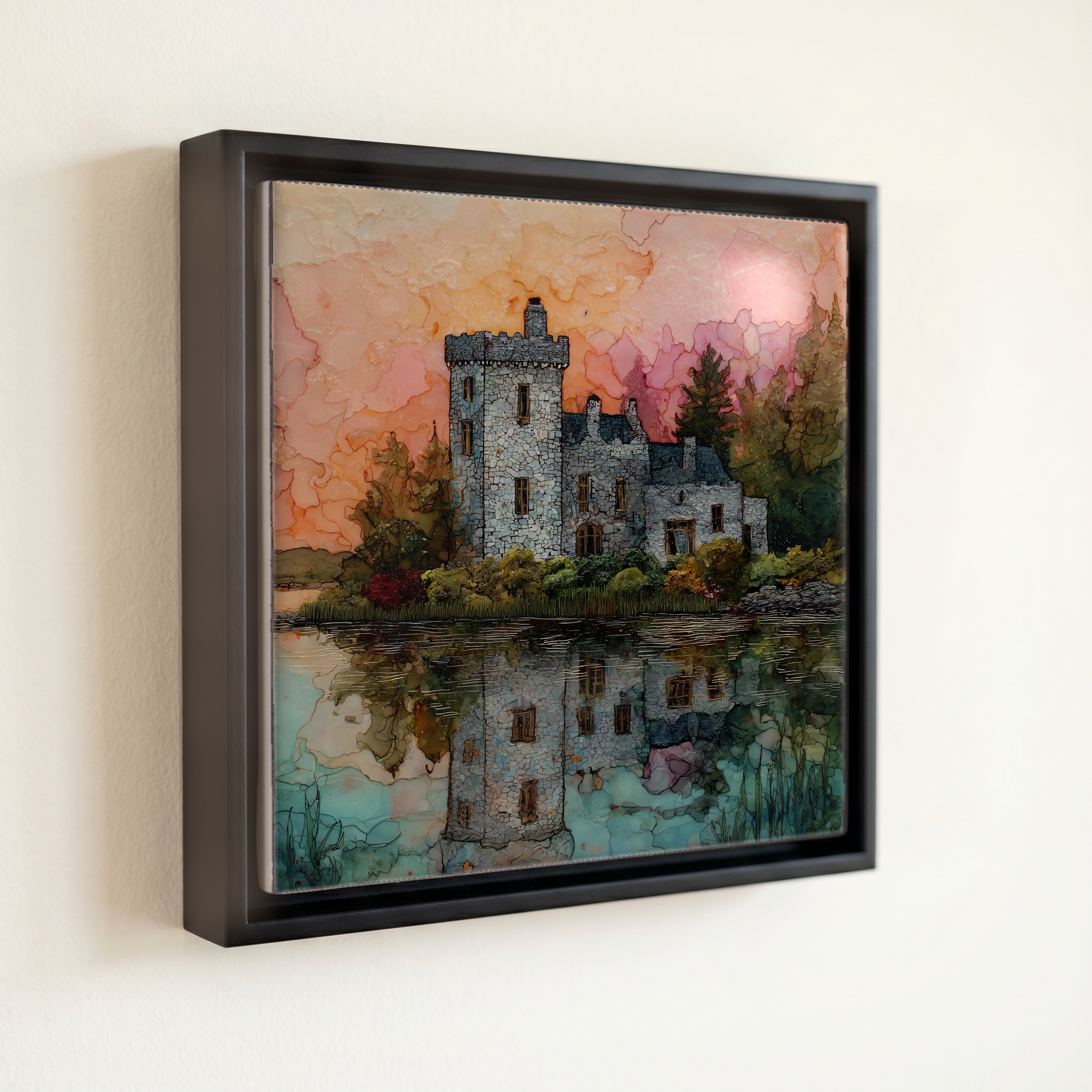 shown in a slim black floating frame · 6 × 6 in