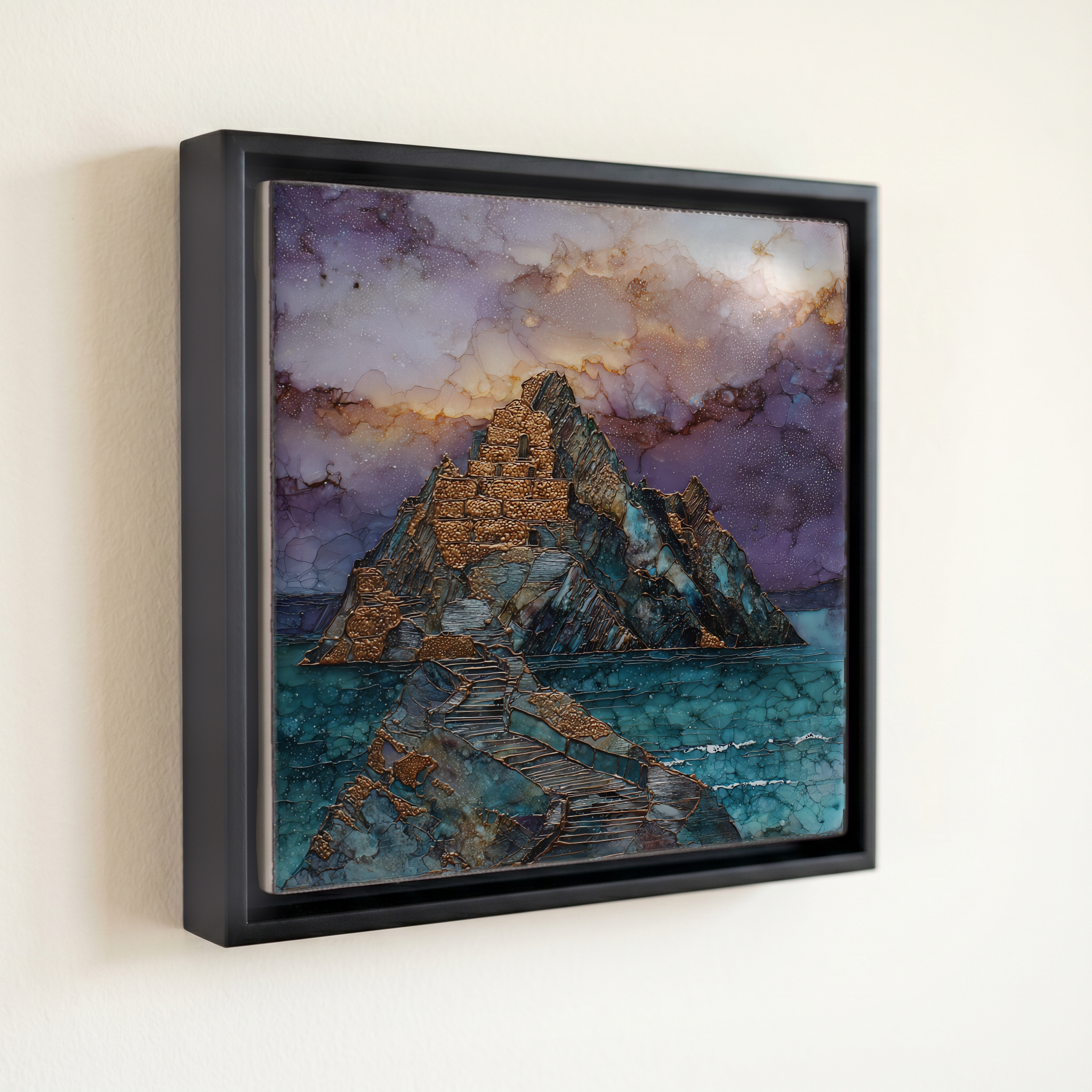 shown in a slim black floating frame · 6 × 6 in