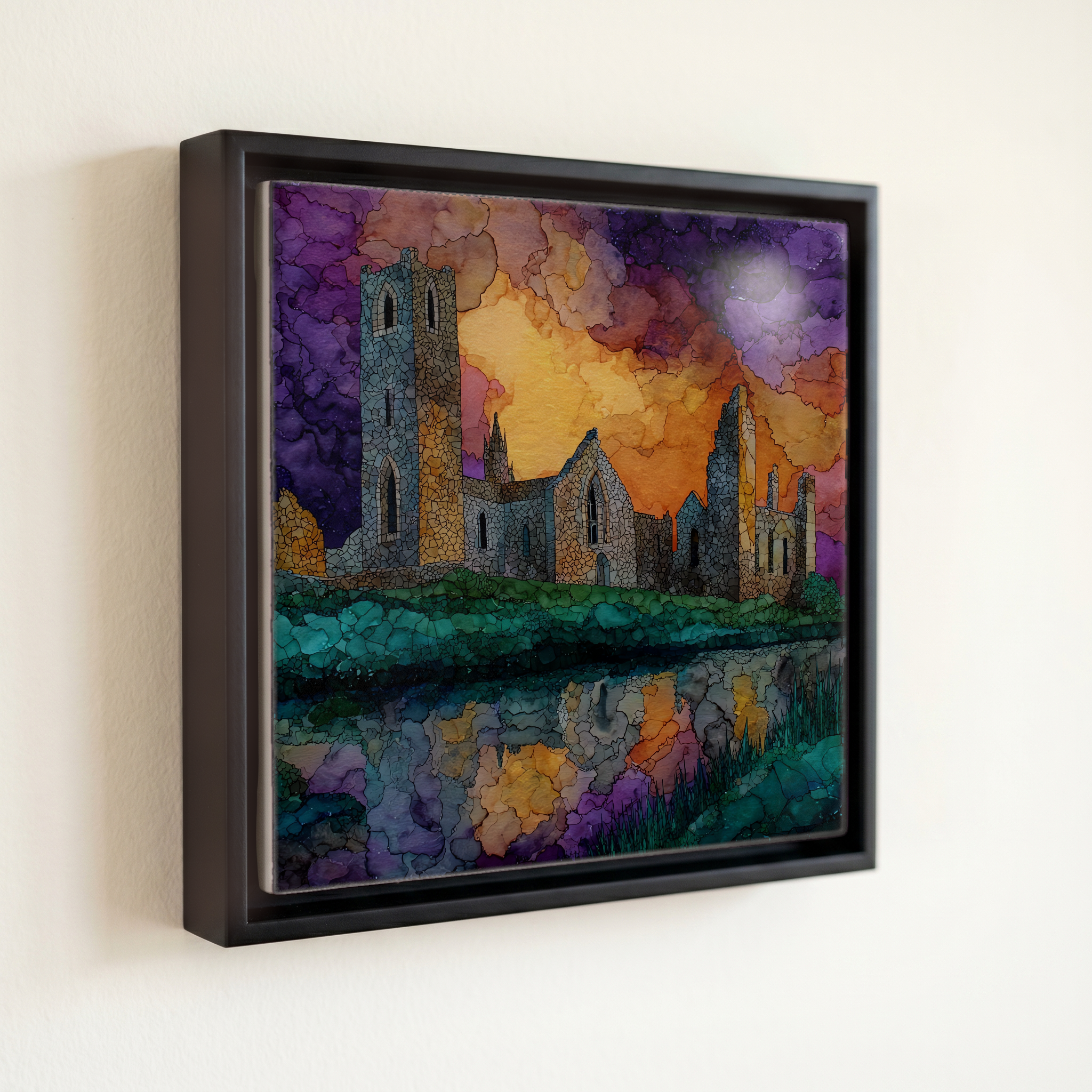 shown in a slim black floating frame · 6 × 6 in
