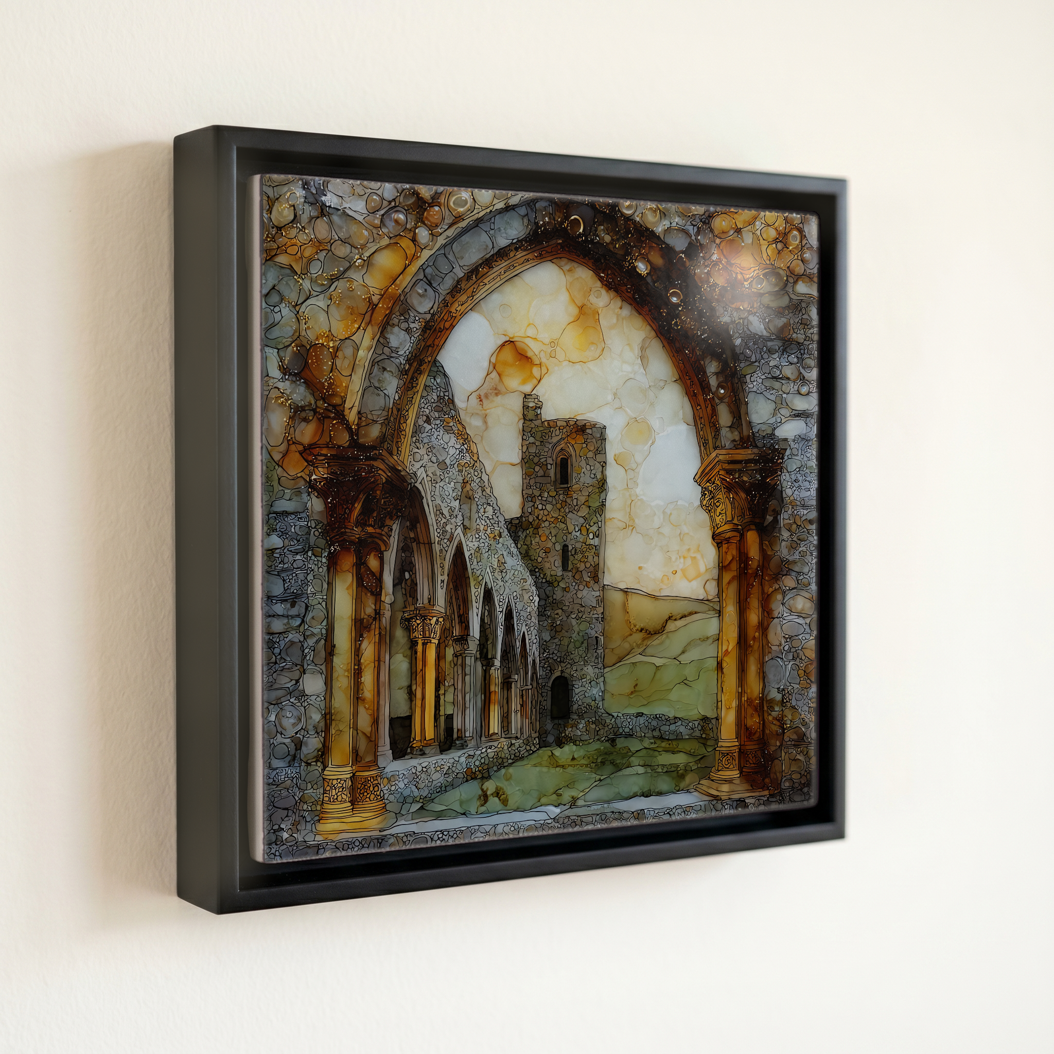 shown in a slim black floating frame · 6 × 6 in