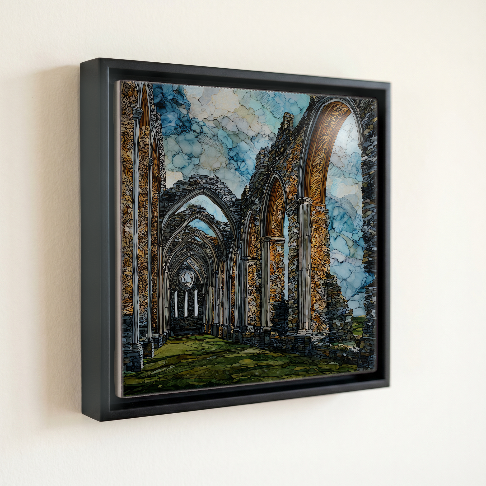 shown in a slim black floating frame · 6 × 6 in