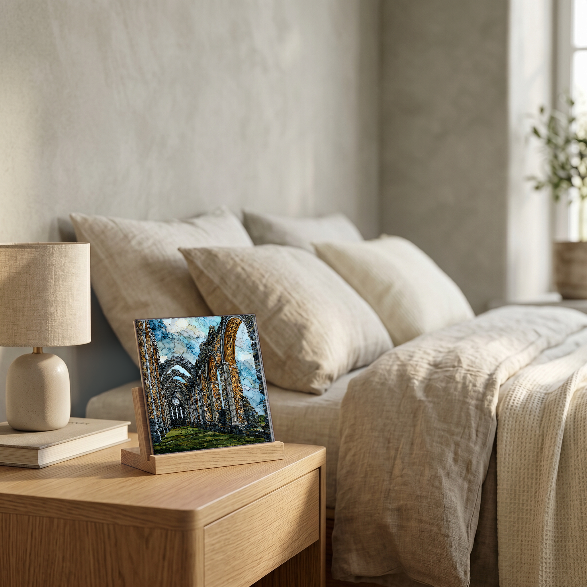 On the nightstand, on a light oak stand.