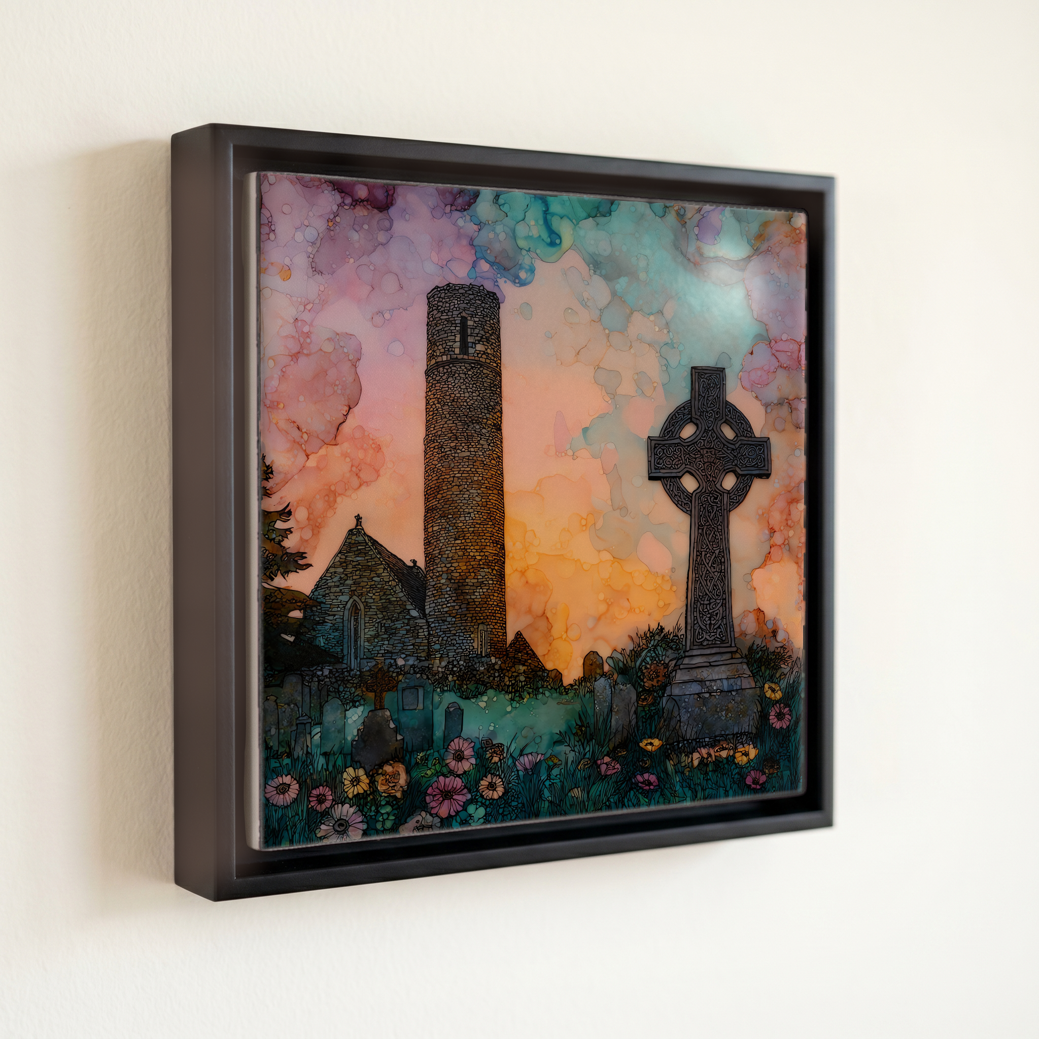 shown in a slim black floating frame · 6 × 6 in
