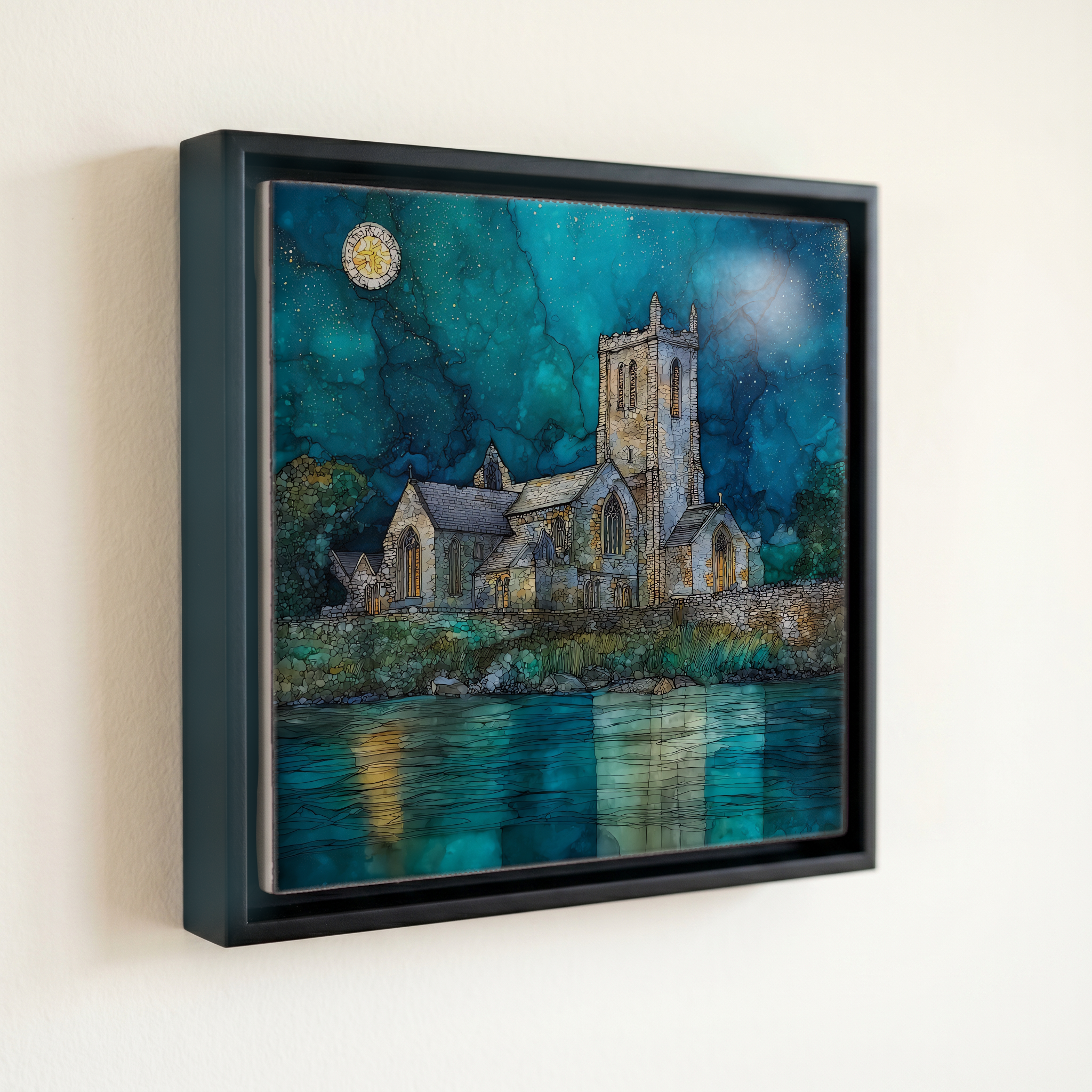 shown in a slim black floating frame · 6 × 6 in