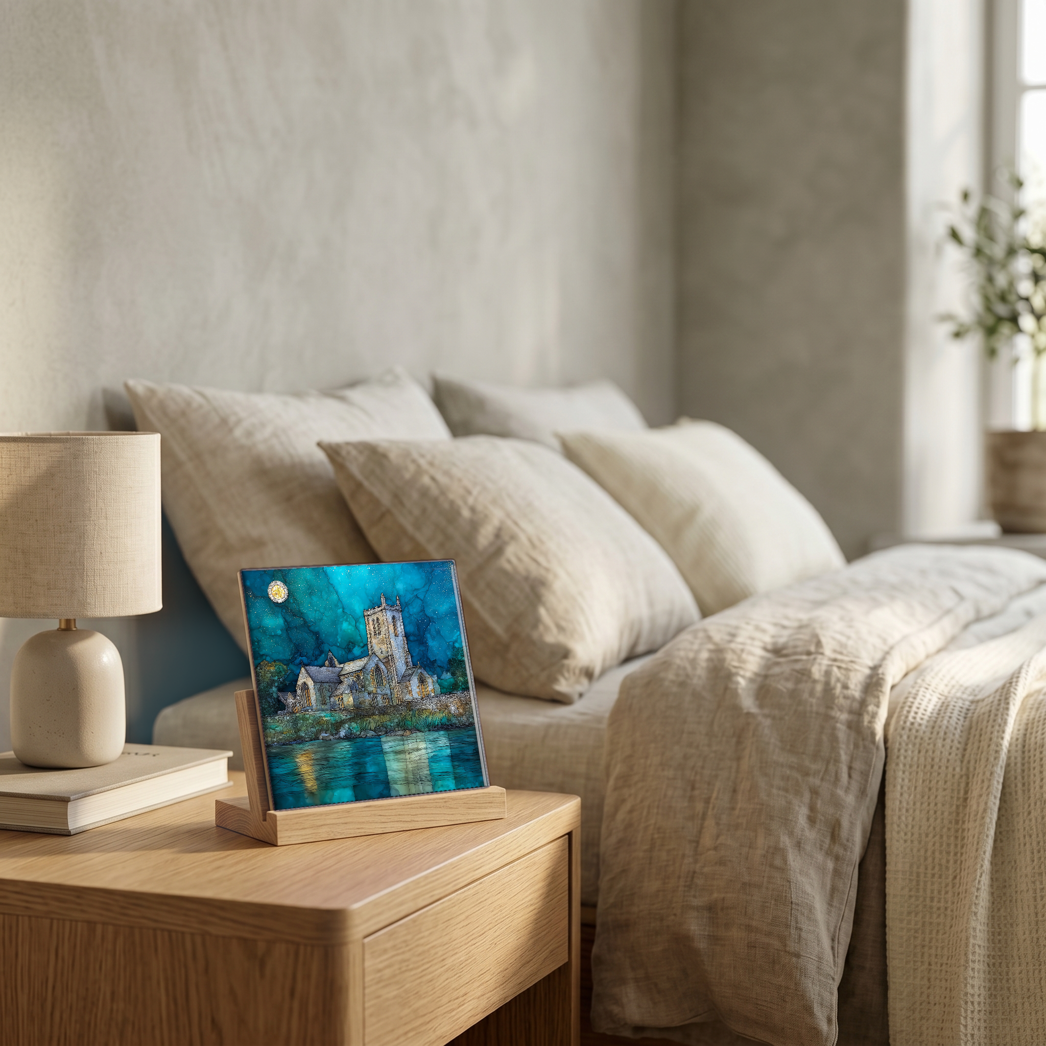 On the nightstand, on a light oak stand.