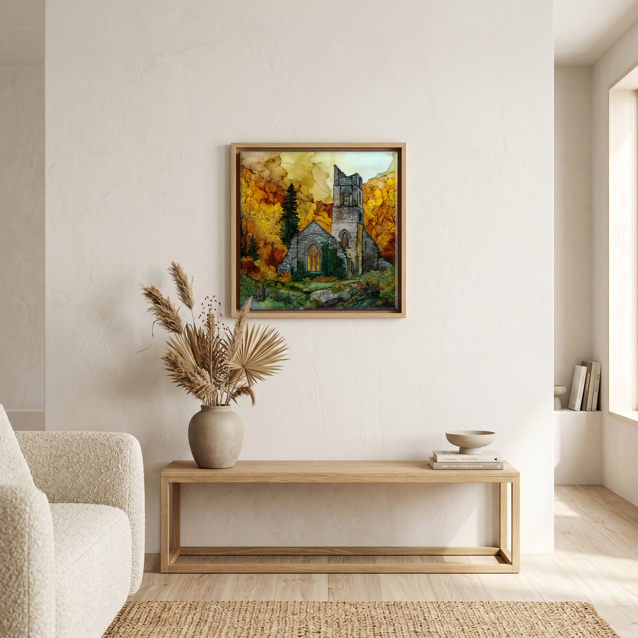 Above the bench, in a warm oak surround.