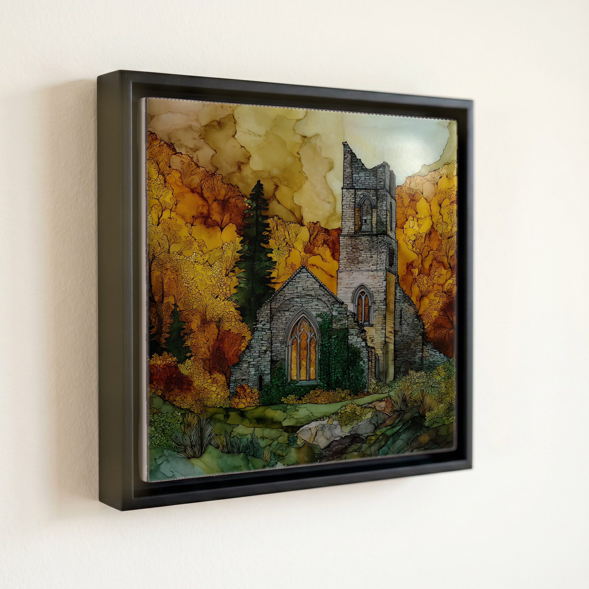 shown in a slim black floating frame · 6 × 6 in