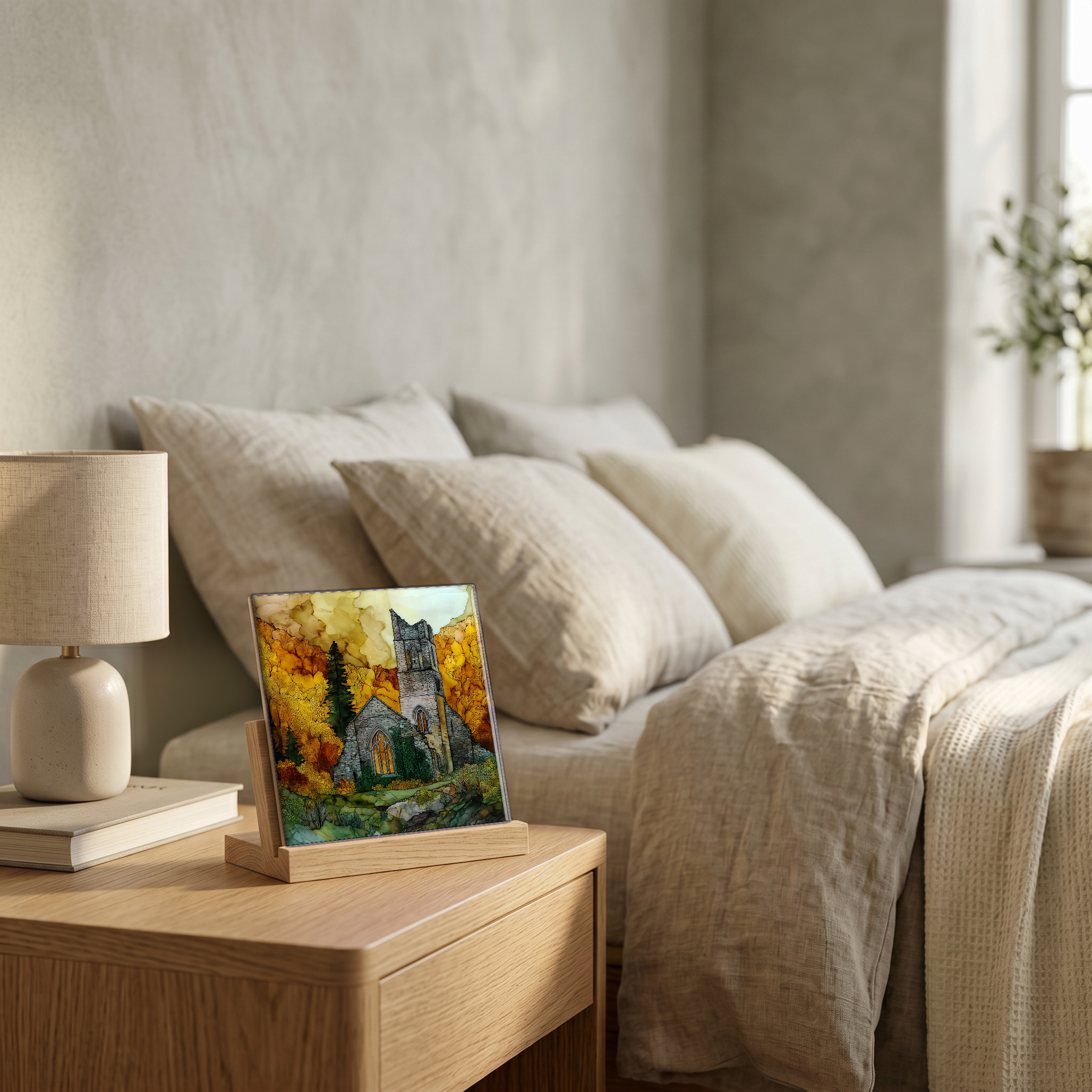 On the nightstand, on a light oak stand.