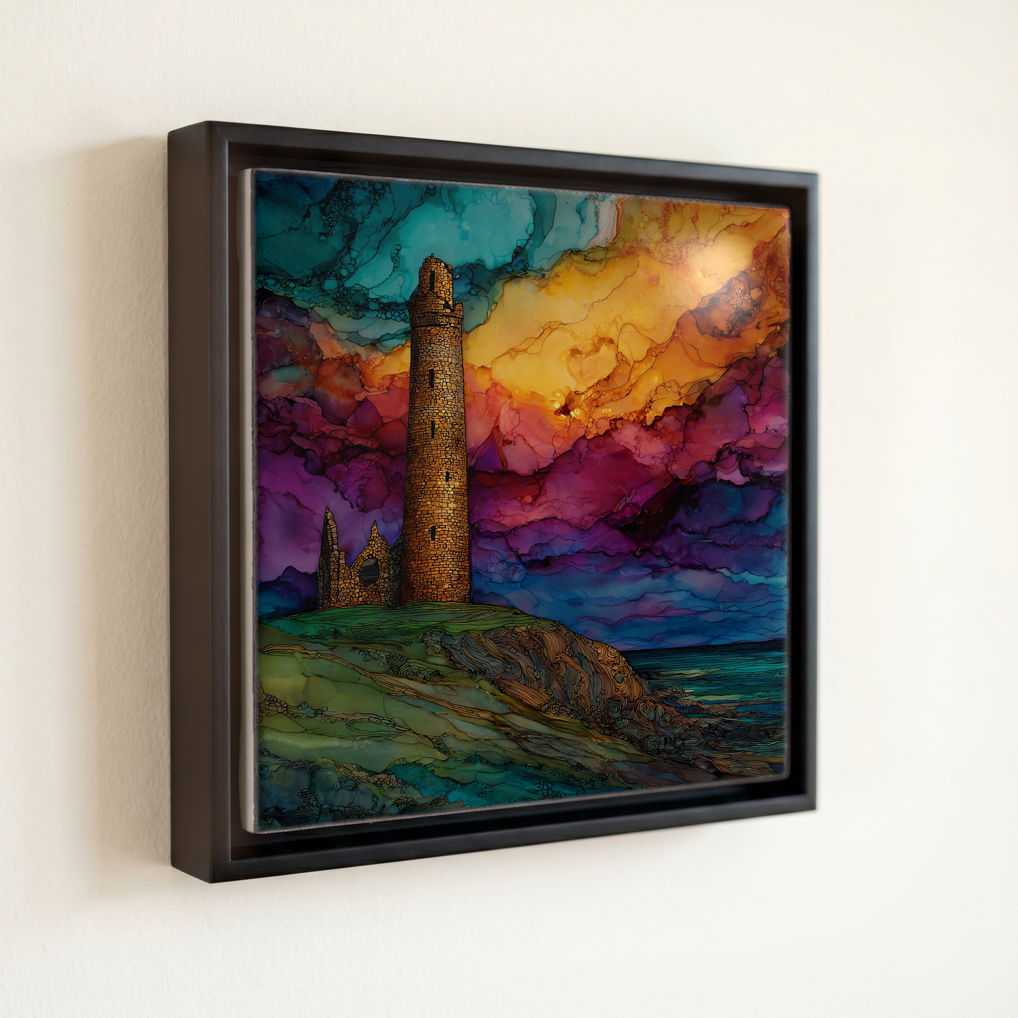 shown in a slim black floating frame · 6 × 6 in