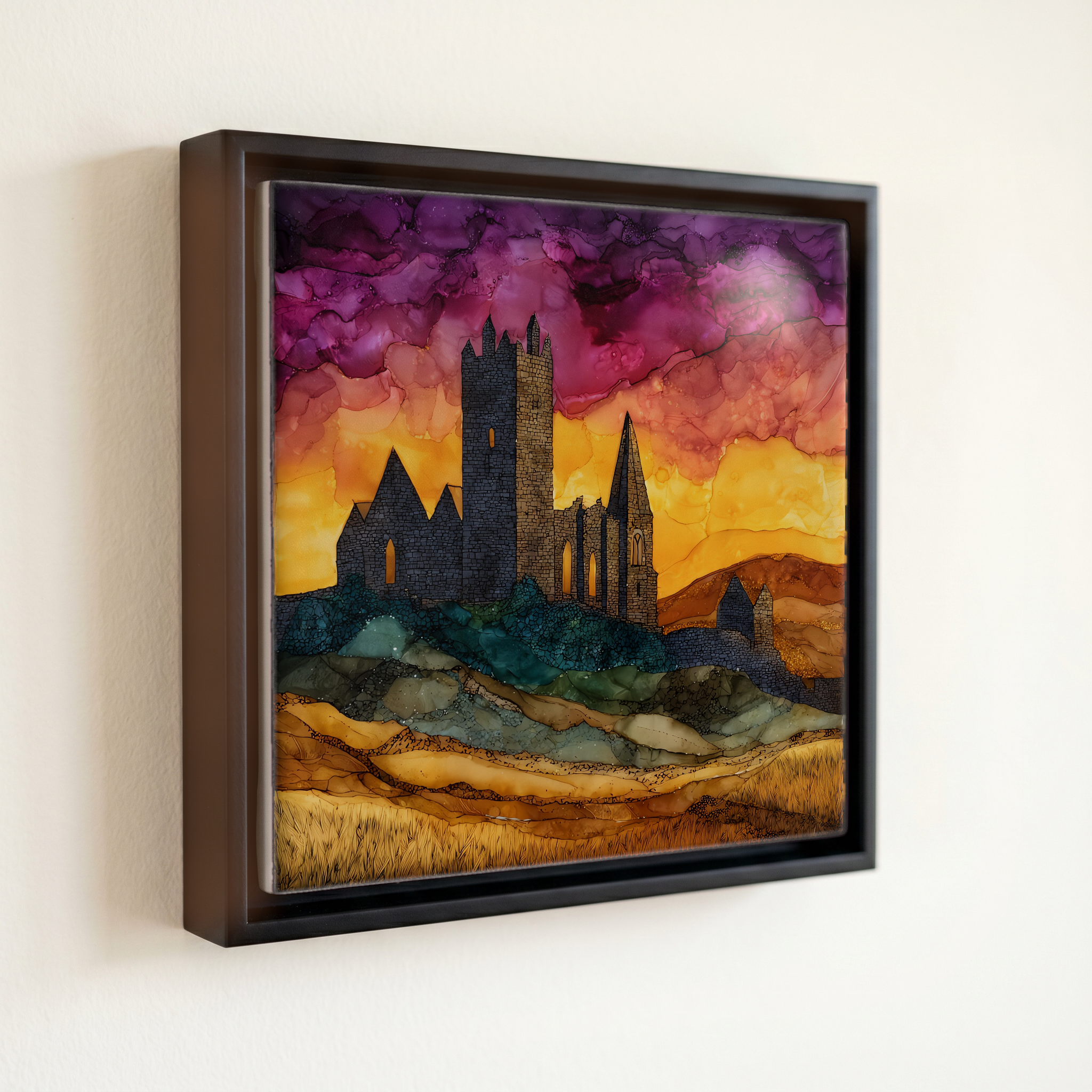 shown in a slim black floating frame · 6 × 6 in
