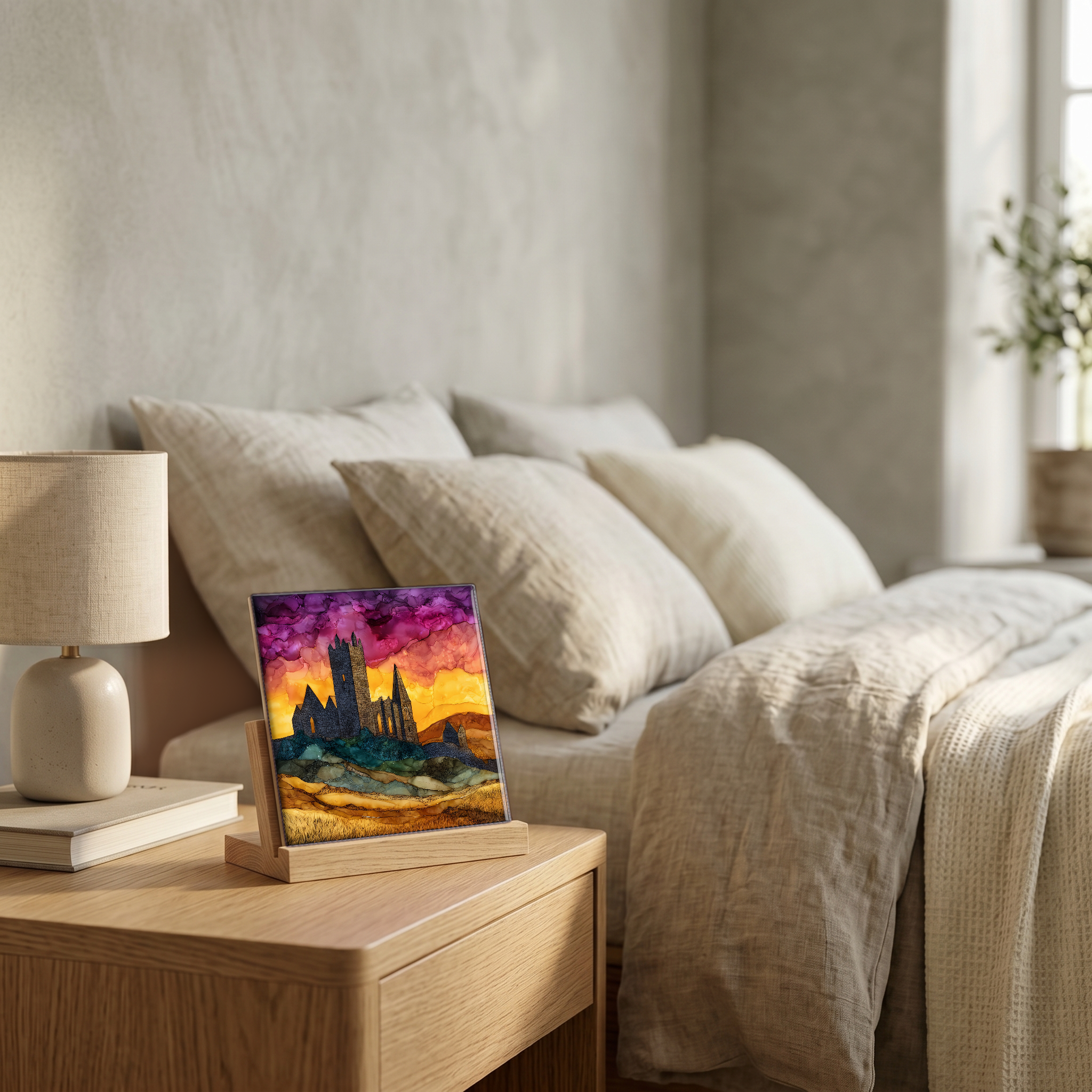 On the nightstand, on a light oak stand.