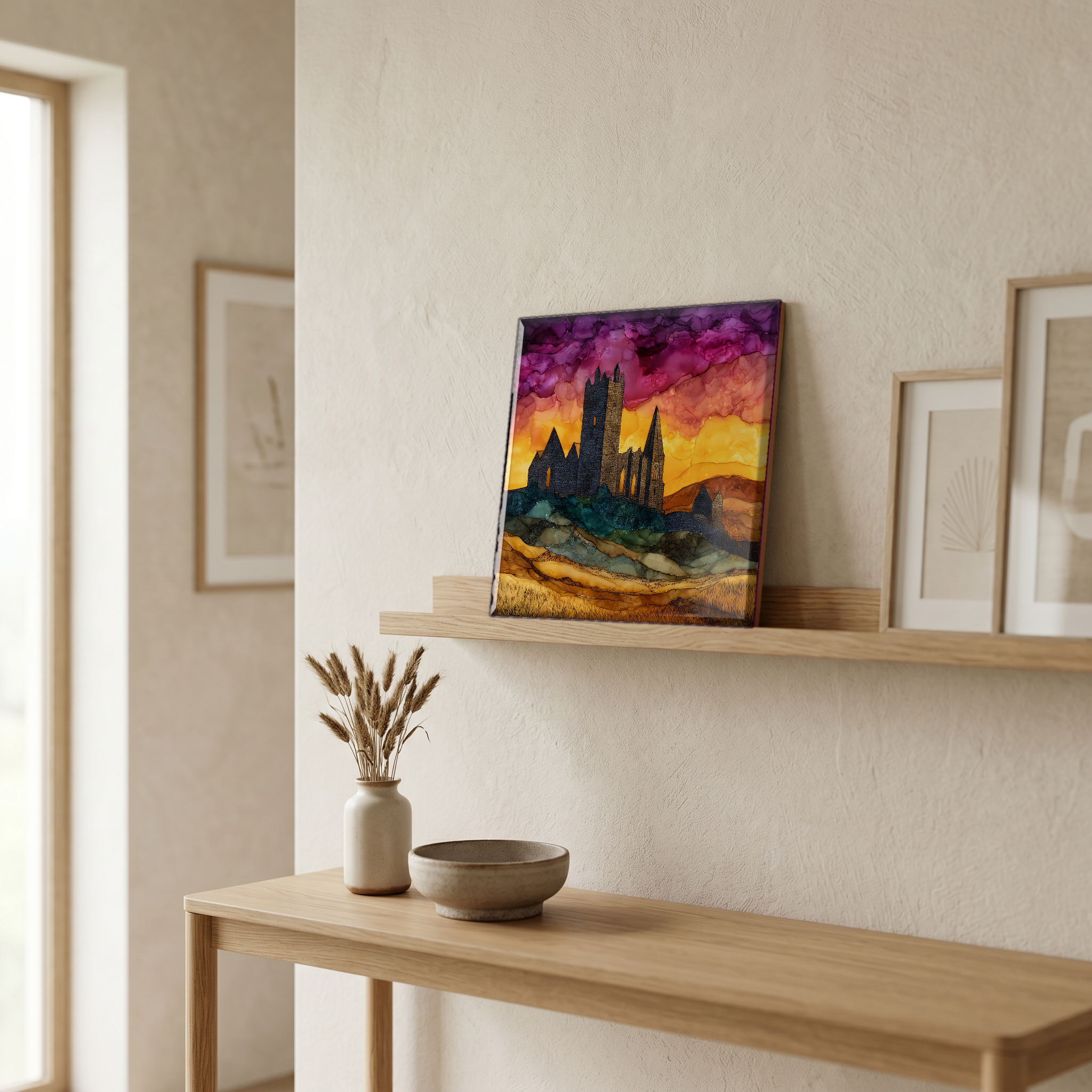 On a picture ledge, where the light comes in.