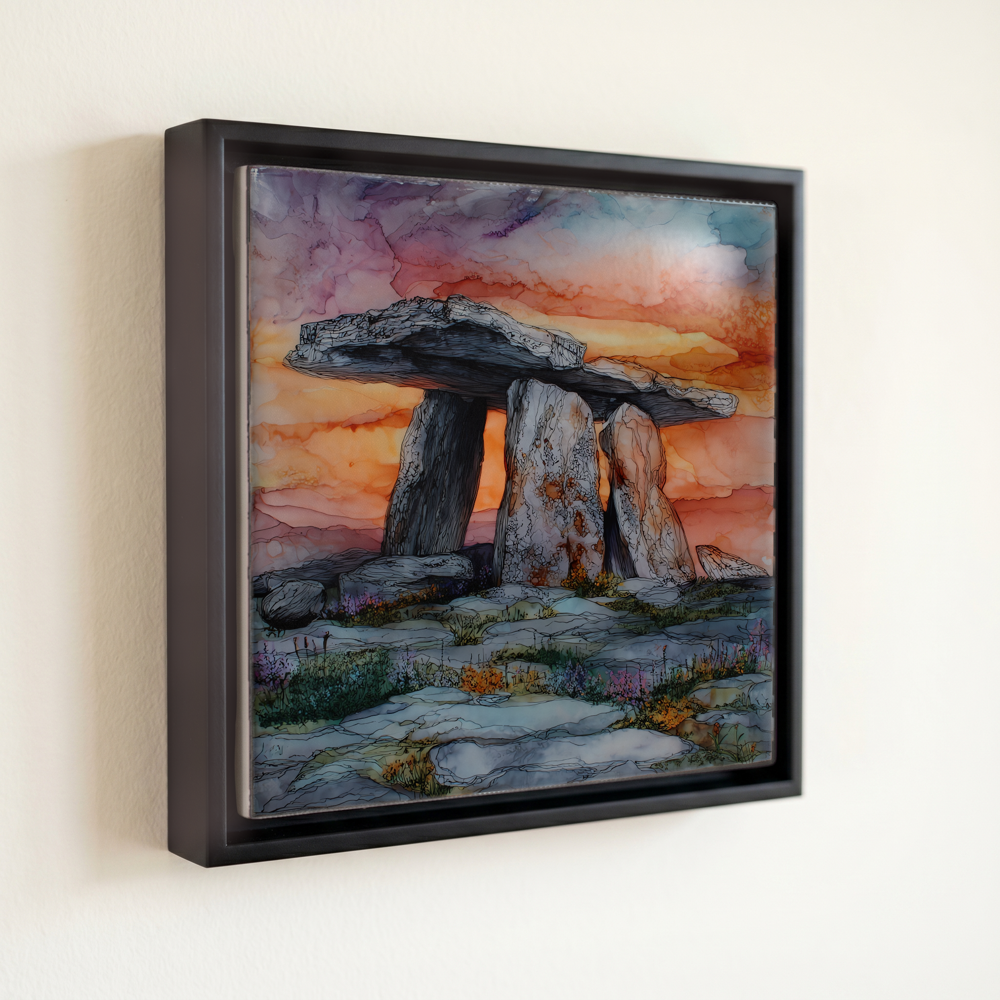 shown in a slim black floating frame · 6 × 6 in