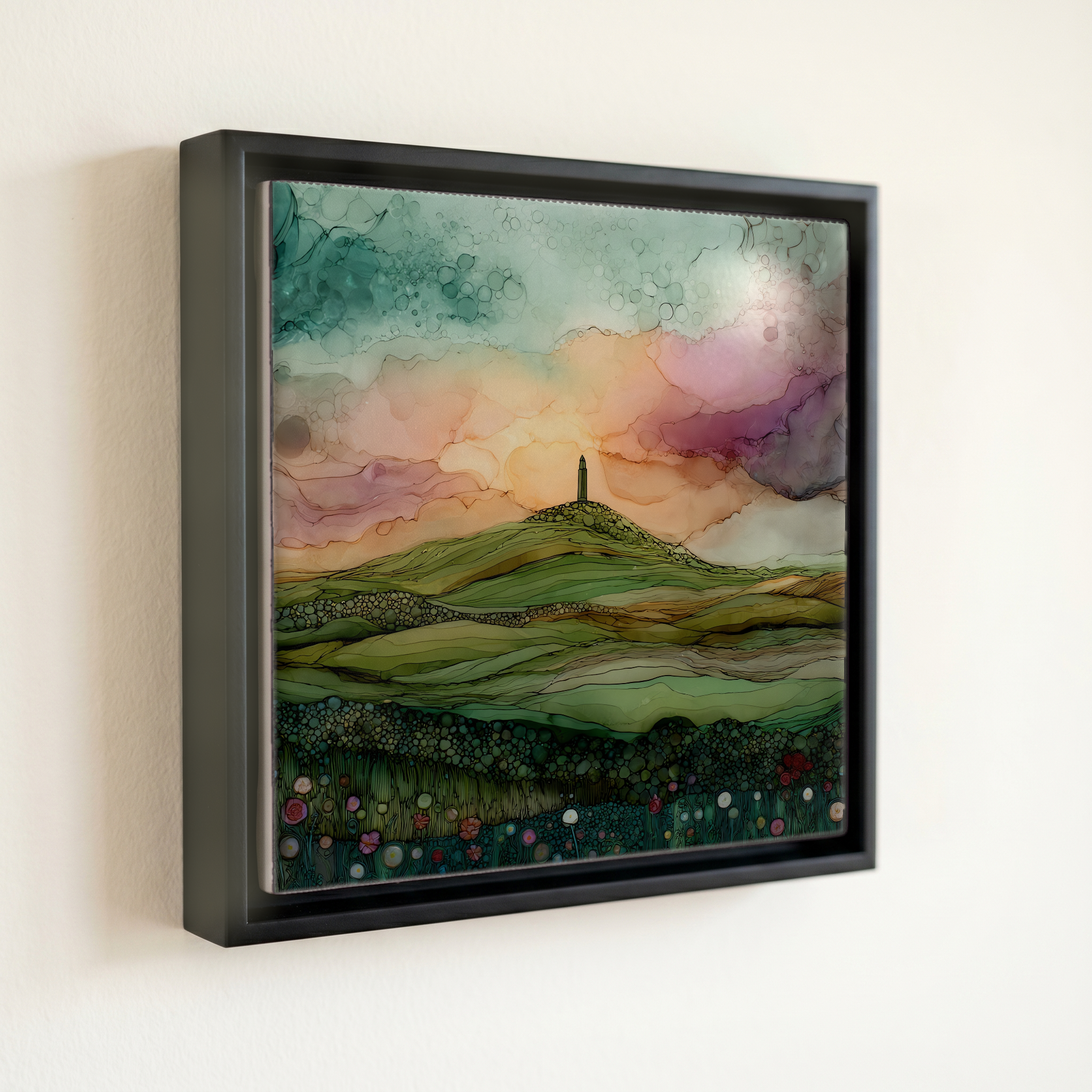 shown in a slim black floating frame · 6 × 6 in