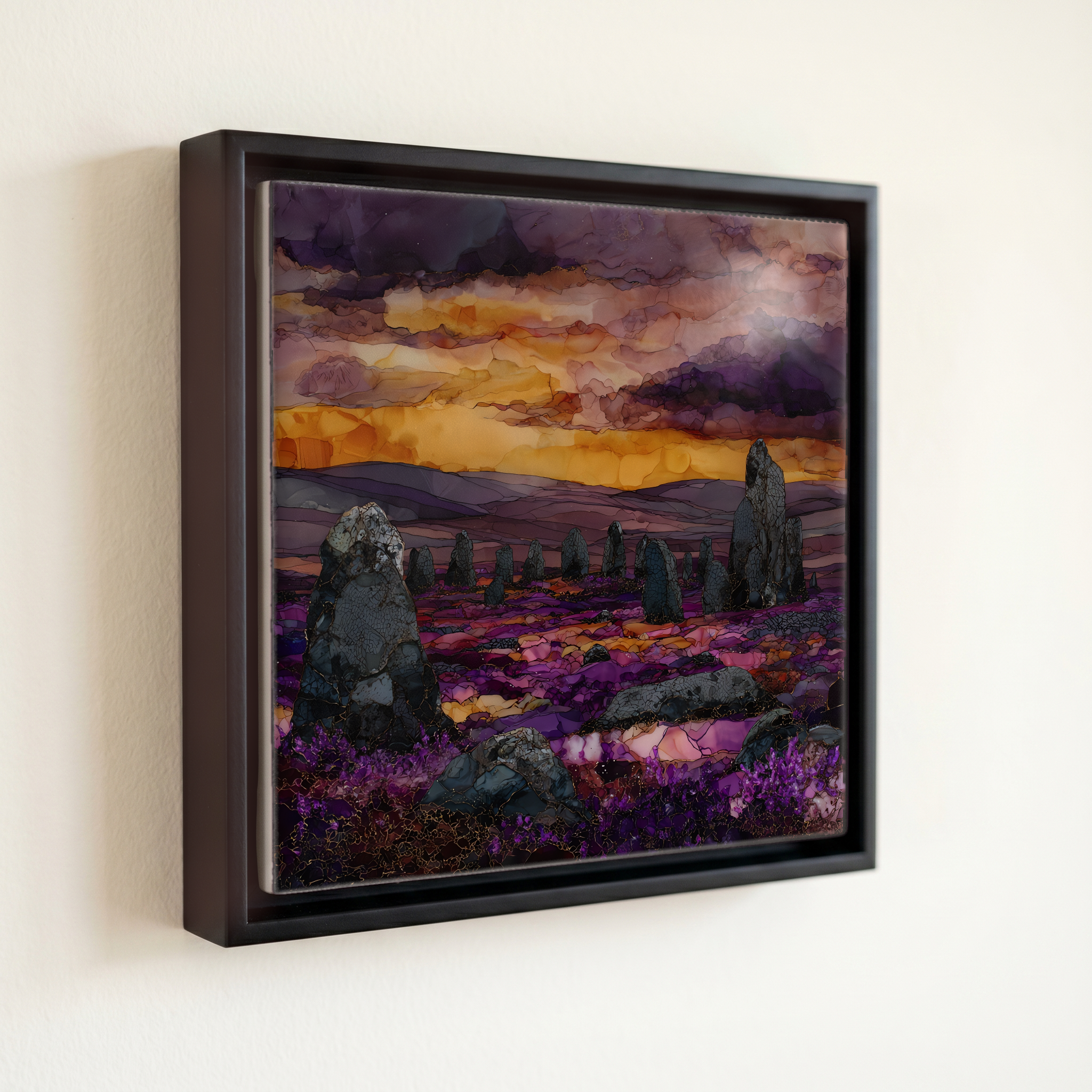 shown in a slim black floating frame · 6 × 6 in