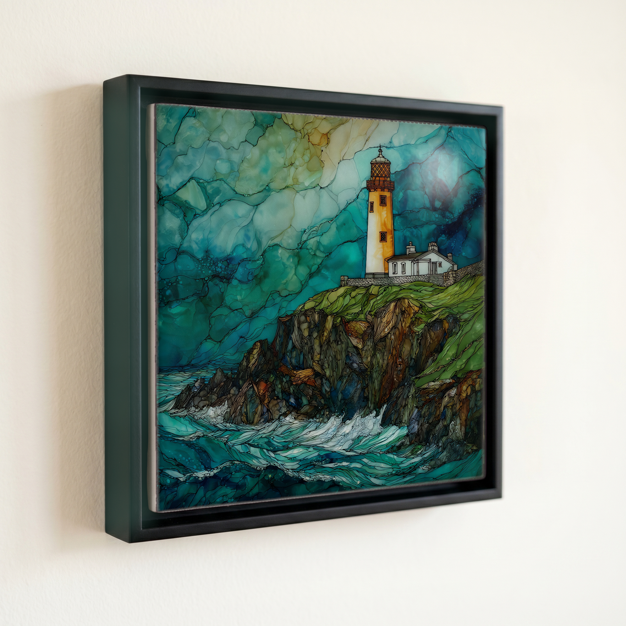 shown in a slim black floating frame · 6 × 6 in