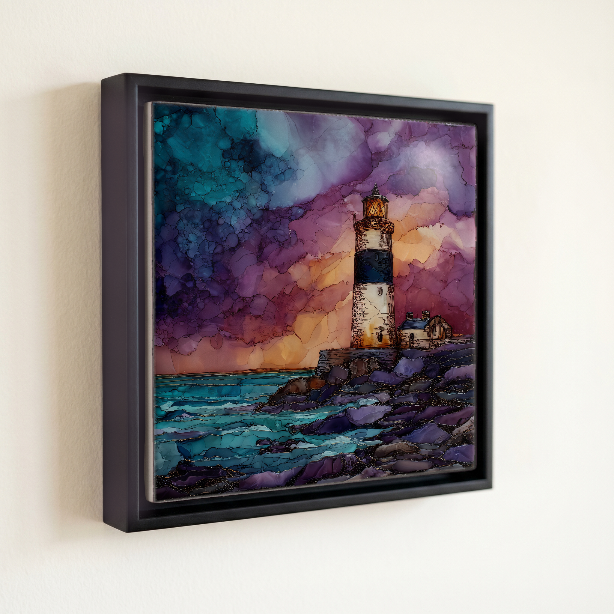 shown in a slim black floating frame · 6 × 6 in