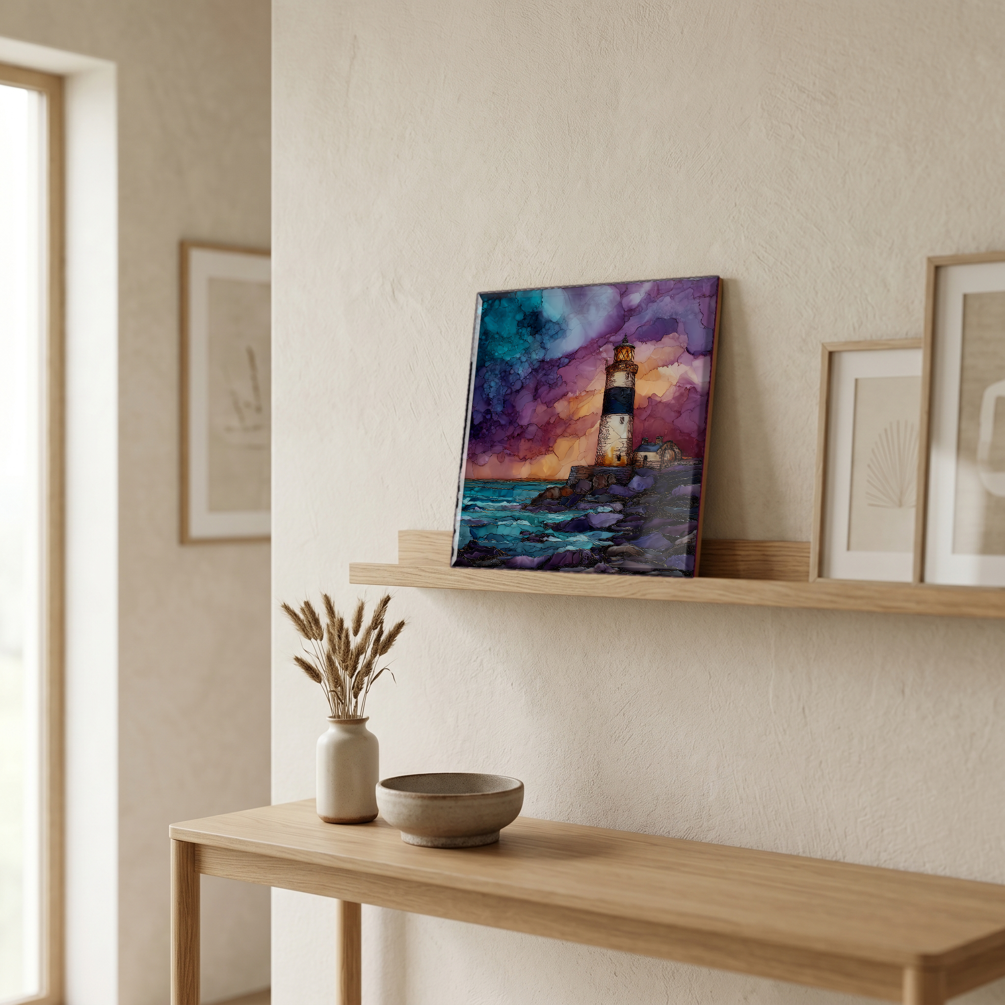 On a picture ledge, where the light comes in.