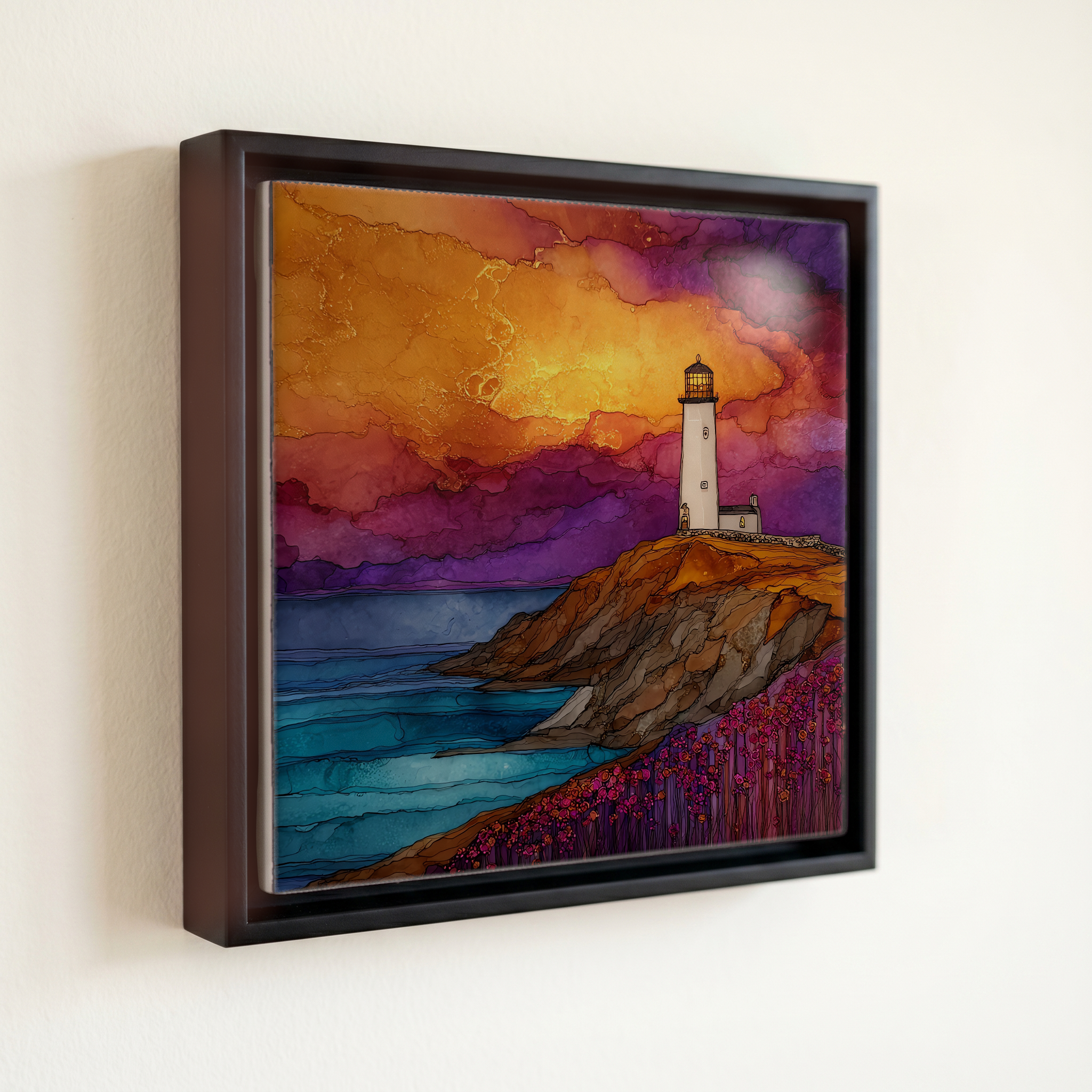shown in a slim black floating frame · 6 × 6 in