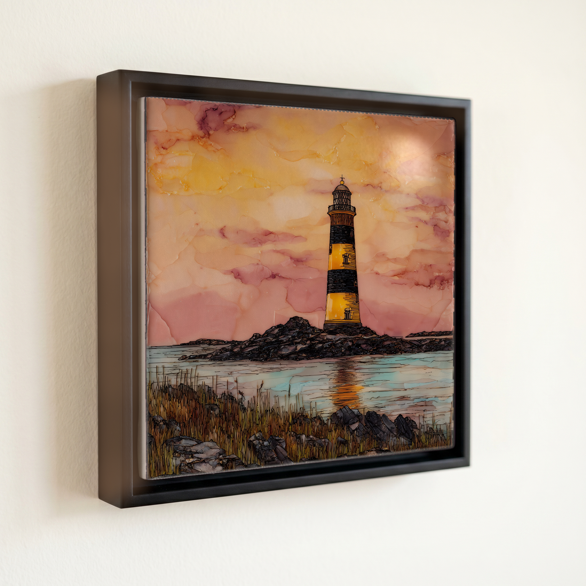 shown in a slim black floating frame · 6 × 6 in