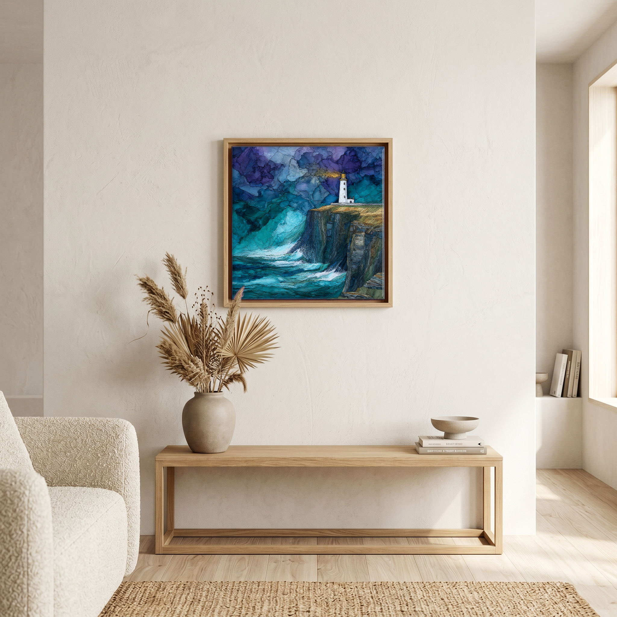 Above the bench, in a warm oak surround.