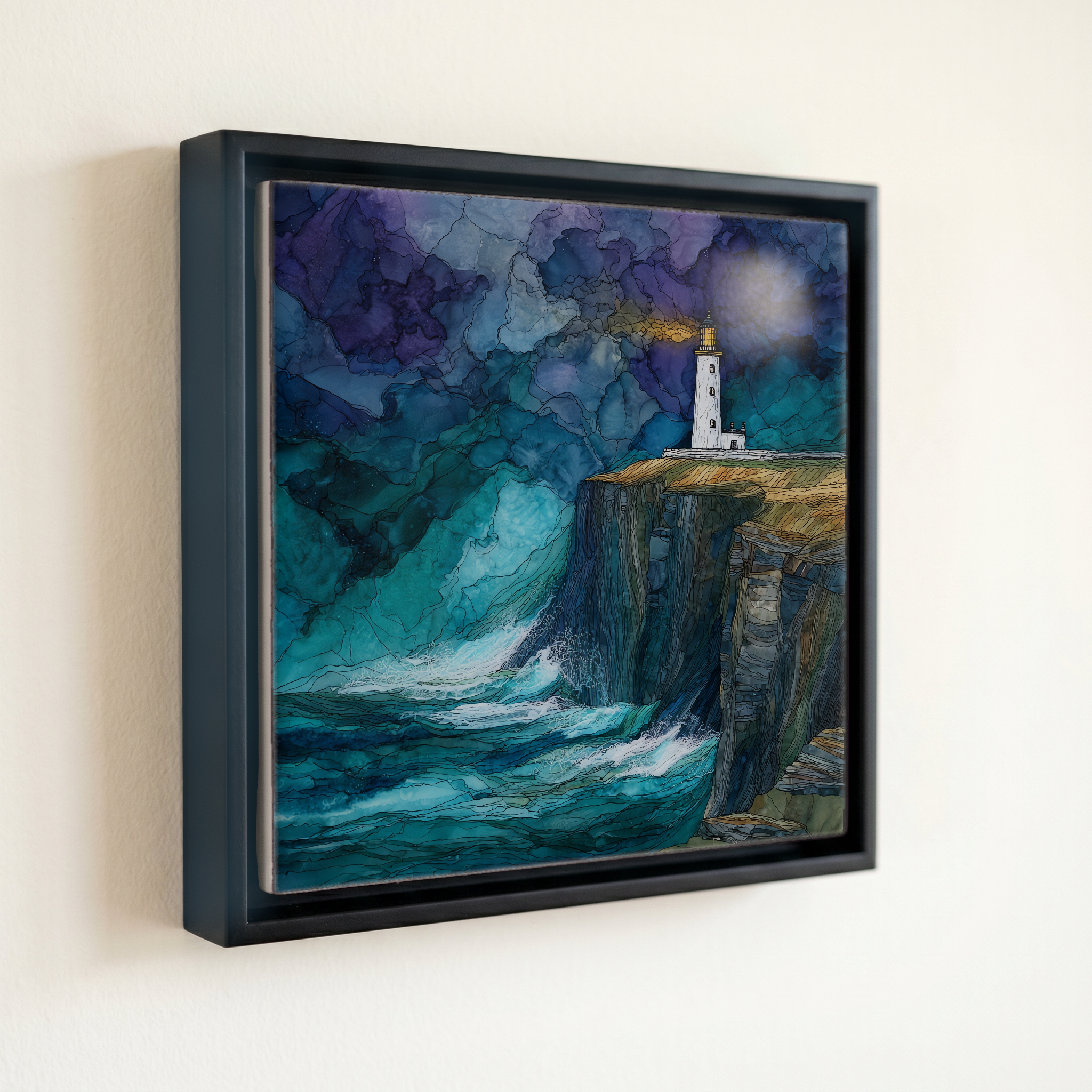 shown in a slim black floating frame · 6 × 6 in