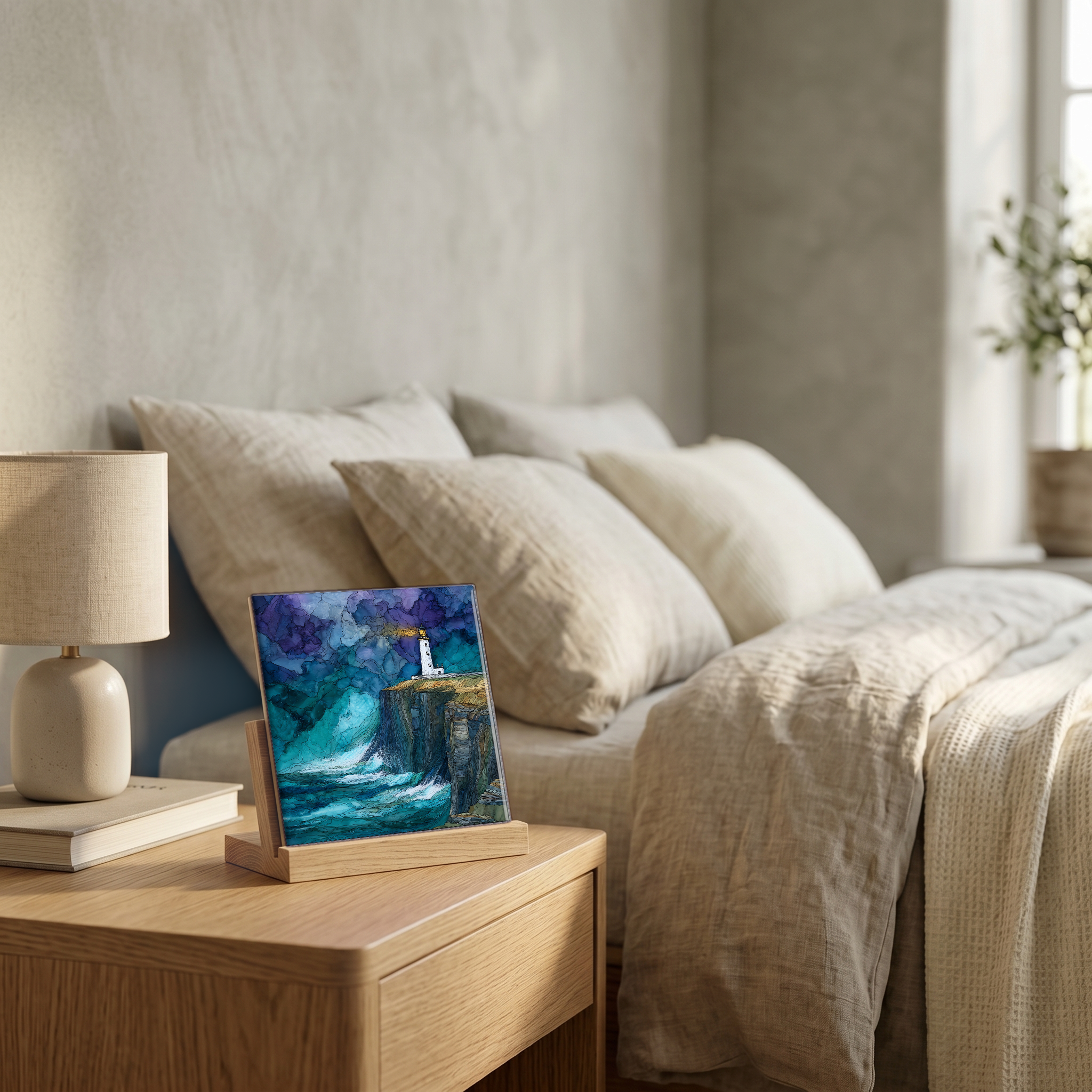 On the nightstand, on a light oak stand.