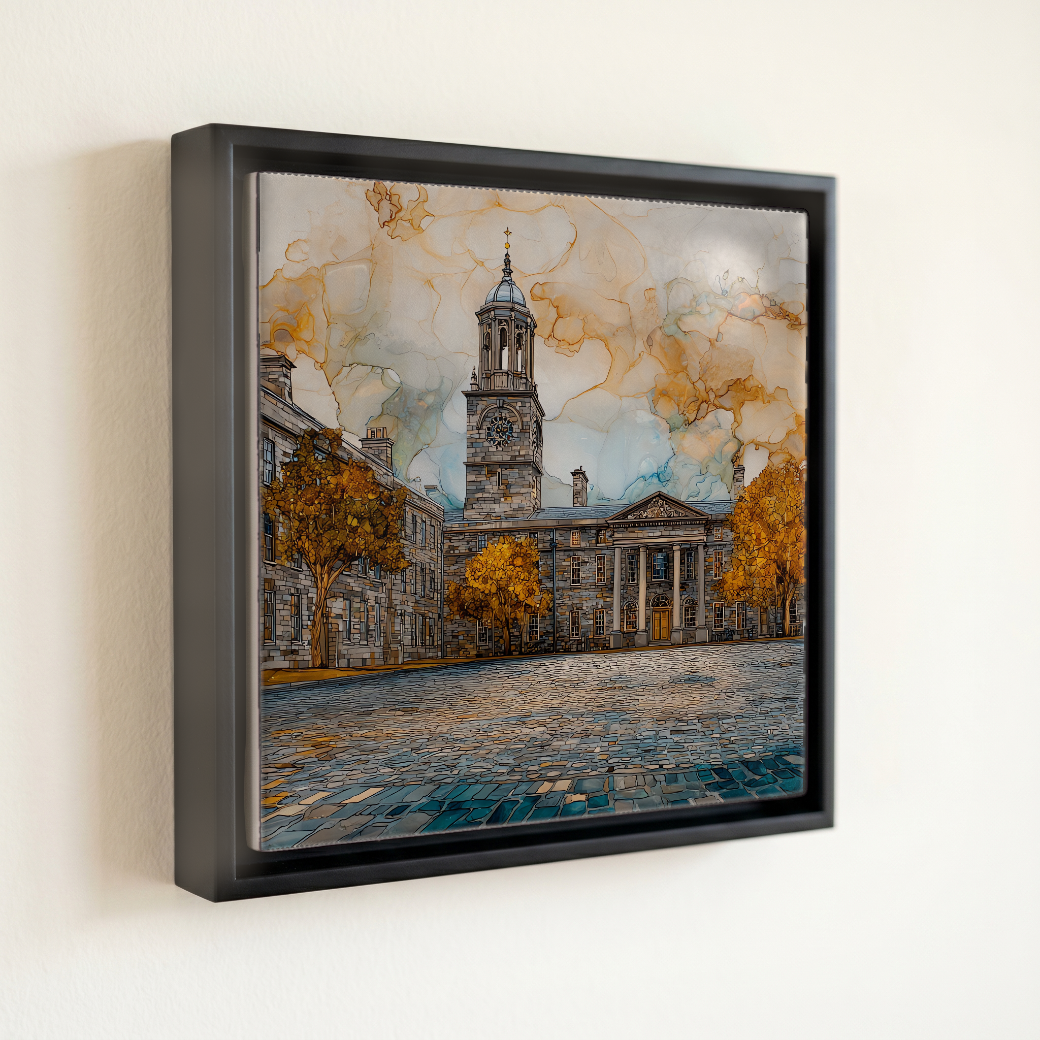 shown in a slim black floating frame · 6 × 6 in