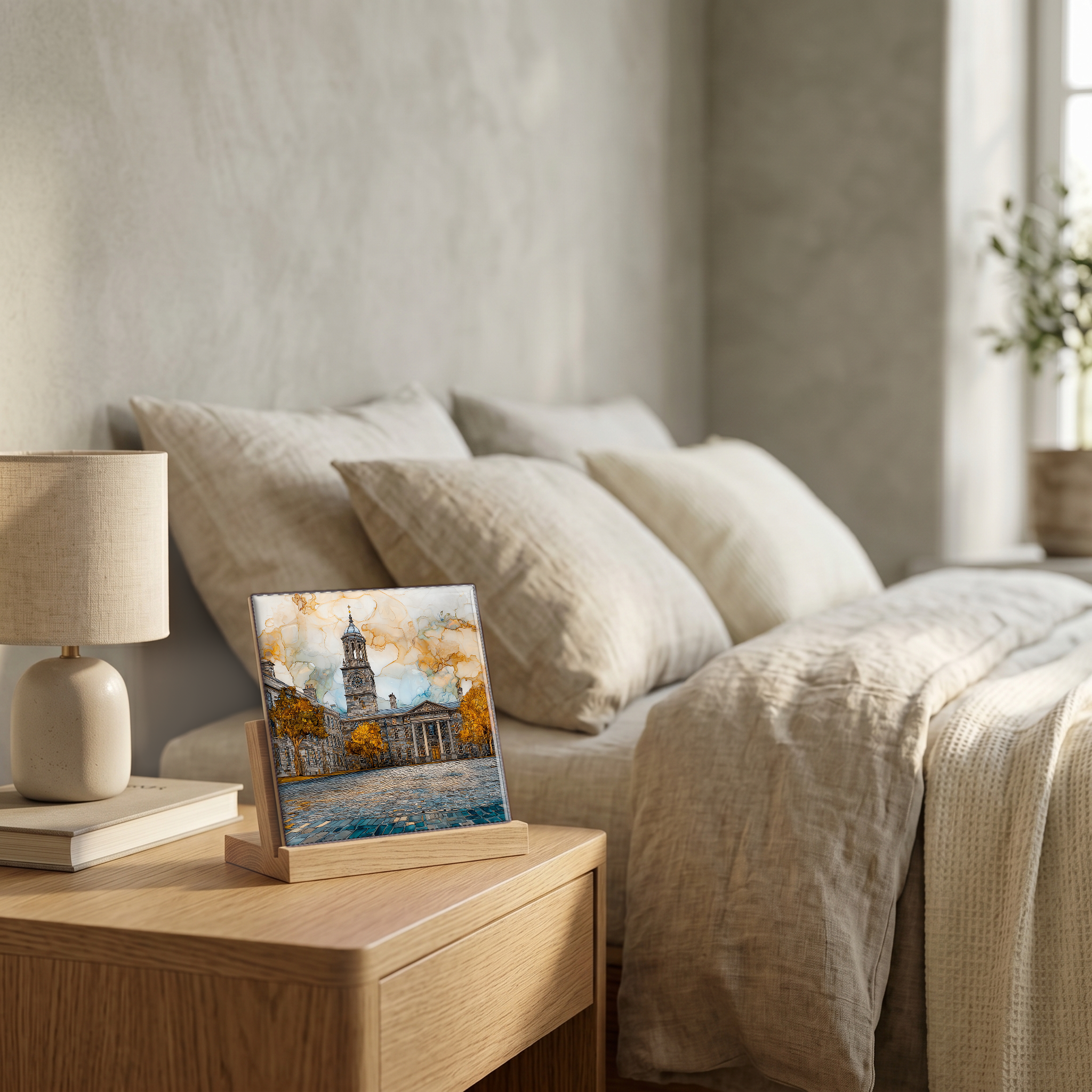 On the nightstand, on a light oak stand.